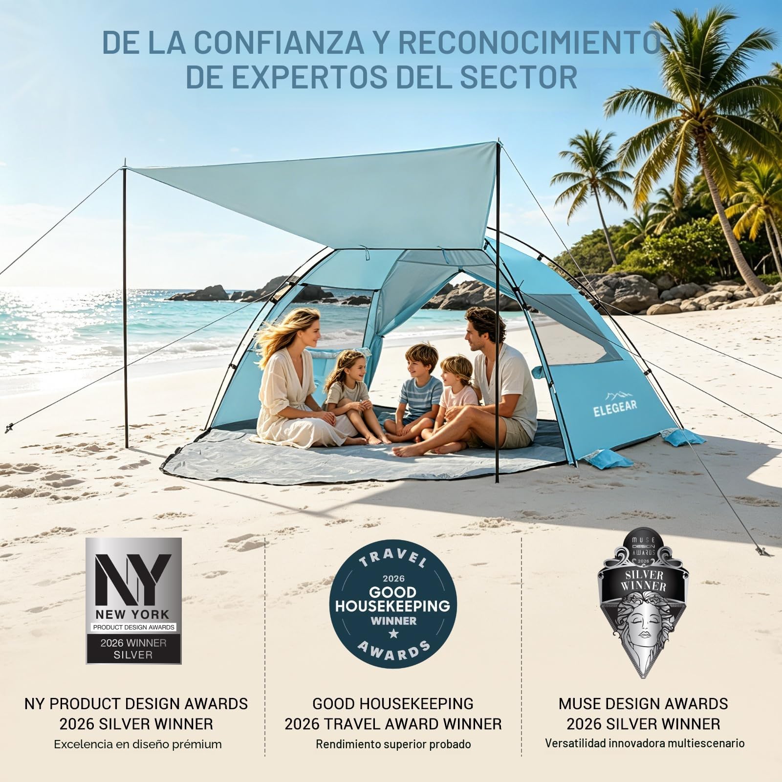 Elegear Tienda de Playa para 6-8 Personas, Tienda de Campaña Protección UV UPF 50+ Portable Canopy con Bolsa de Transporte Refugio Playa Familiar para Varar Parque Camping Pesca, 260x165x150cm, Azul
