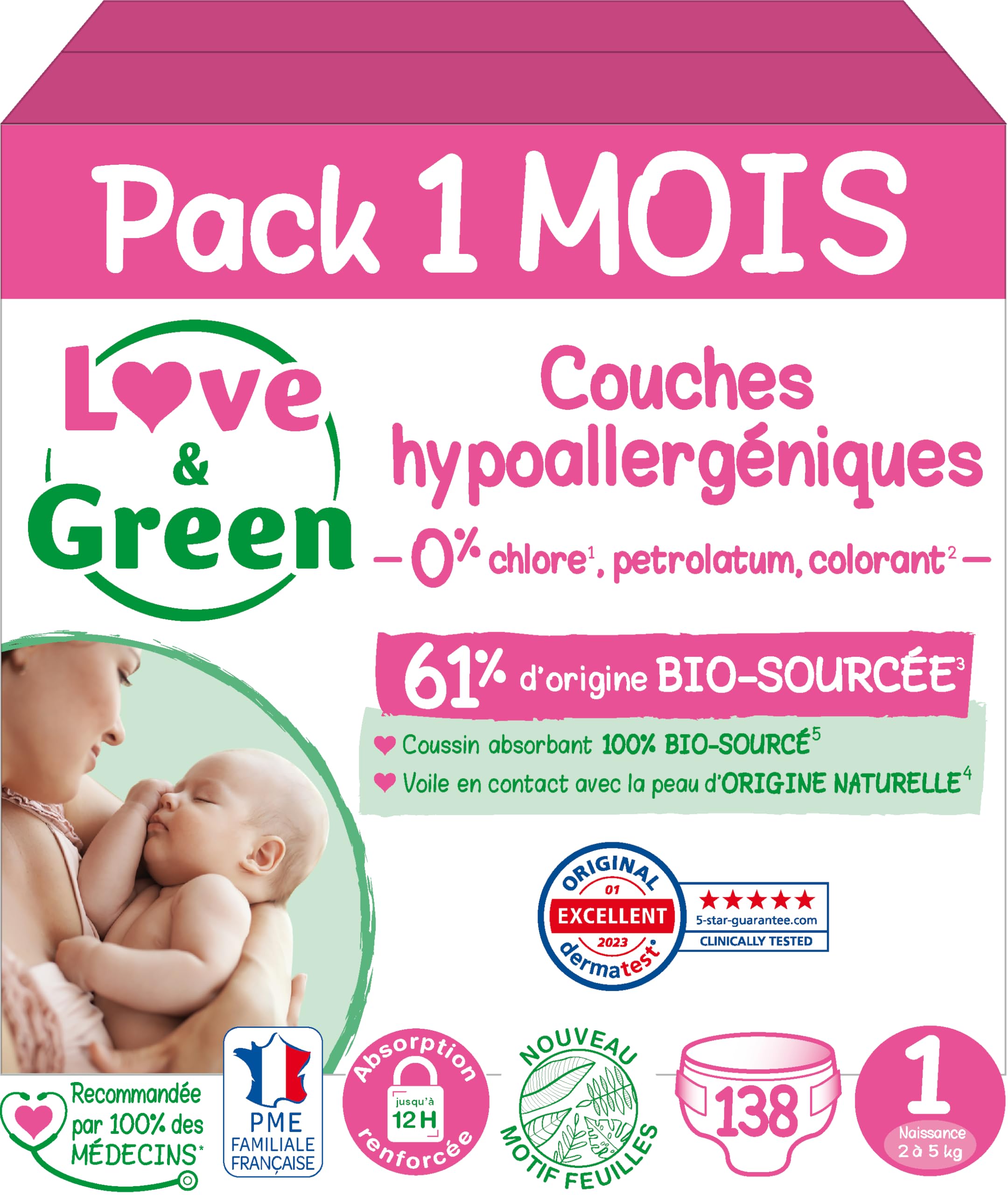 Love & Green - Gezonde en milieuvriendelijke babyluiers - Maat 2 (3-6 kg) - 36 luiers - Absorberend, lekvrij en vrij van ongewenste ingrediënten