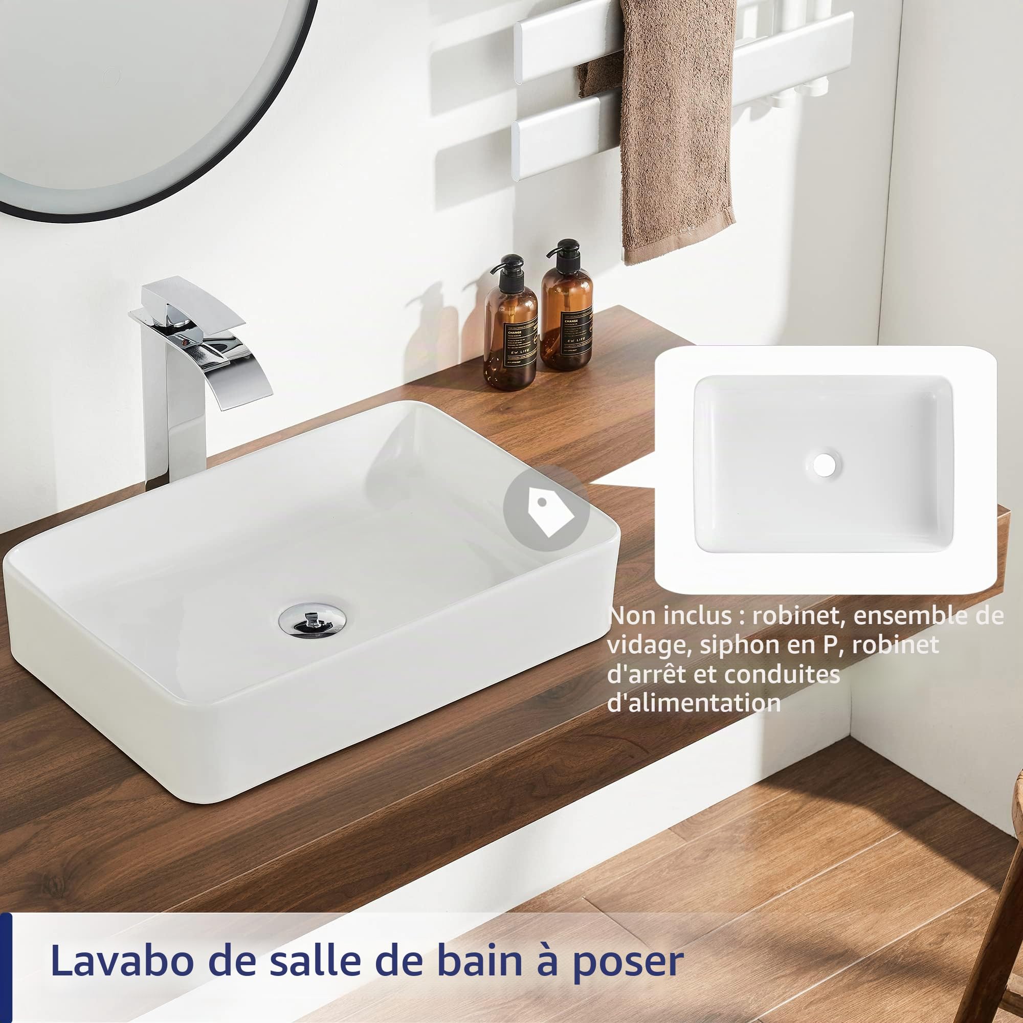 DeerValley Vasque à Poser,Lavabo Rectangulaire en Céramique Blanc pour Salle de Bains et WC, 505 x 340 mm
