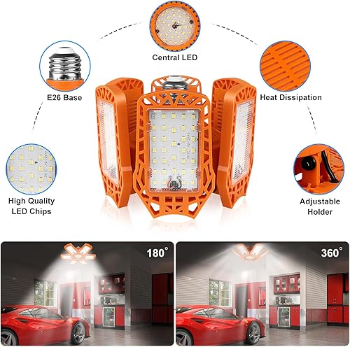 Miniatura 2 de Luz de garaje de 185 W, luz LED naranja de 18500 lm con 6+1 paneles deformables, luces LED de techo de garaje compatibles con base E26E27 para