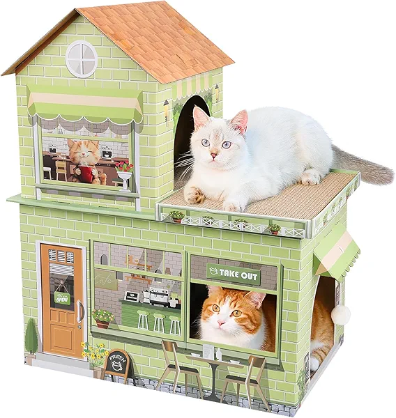 TOYSBOOM Cardboard Cat Houses for Indoor Cats - Kitten Scratcher Houses & Condos, Cafe Themed Hut Hideout Play House Bed with Scratching Pads, Scratch Box for Large Kitty Rabbit Bunny Small Animals