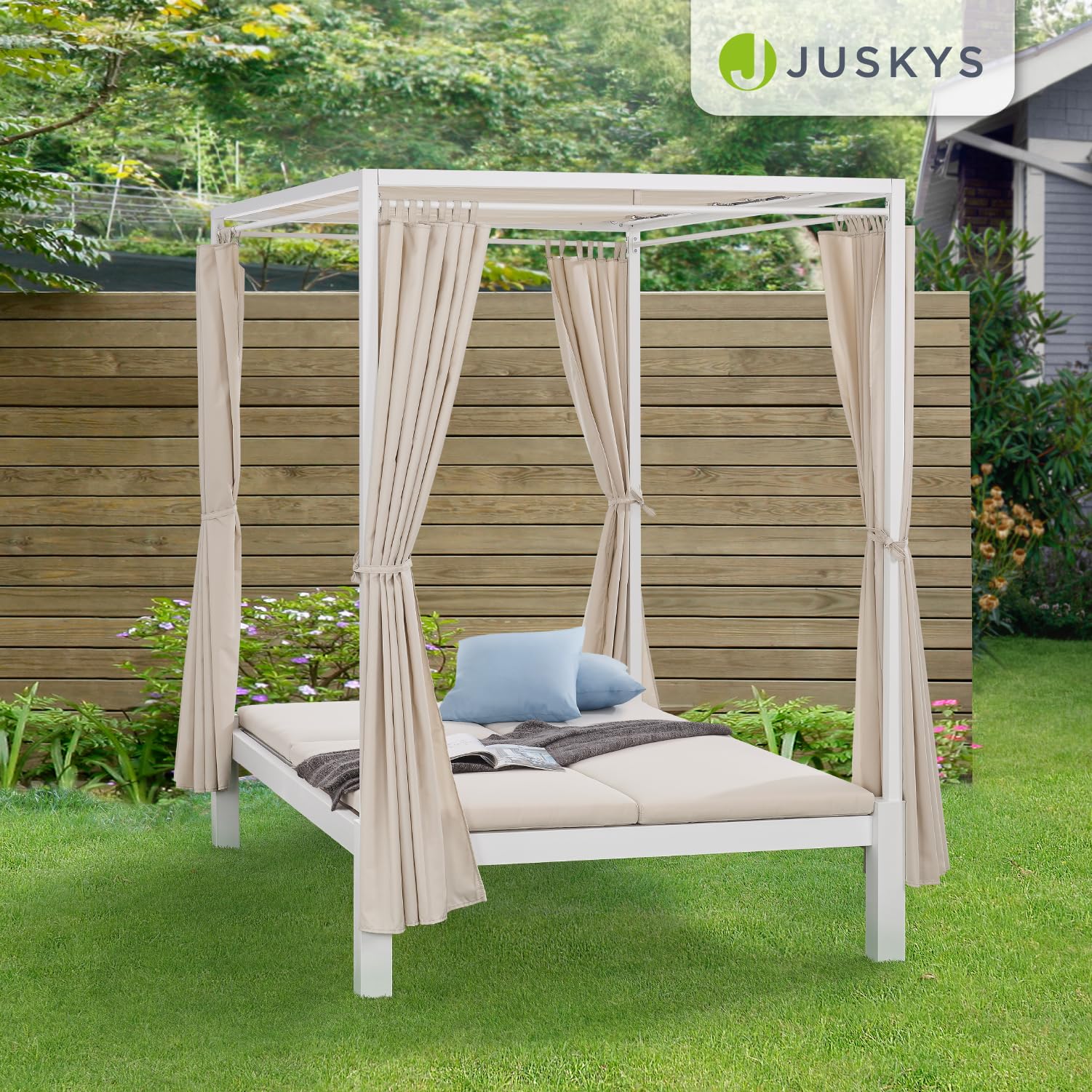 Juskys Doppel Loungebett Kreta - Gartenliege für 2 Personen - Dach & Rückenlehne verstellbar - Sonnenliege für Terrasse, Garten & Balkon - Liege Weiß