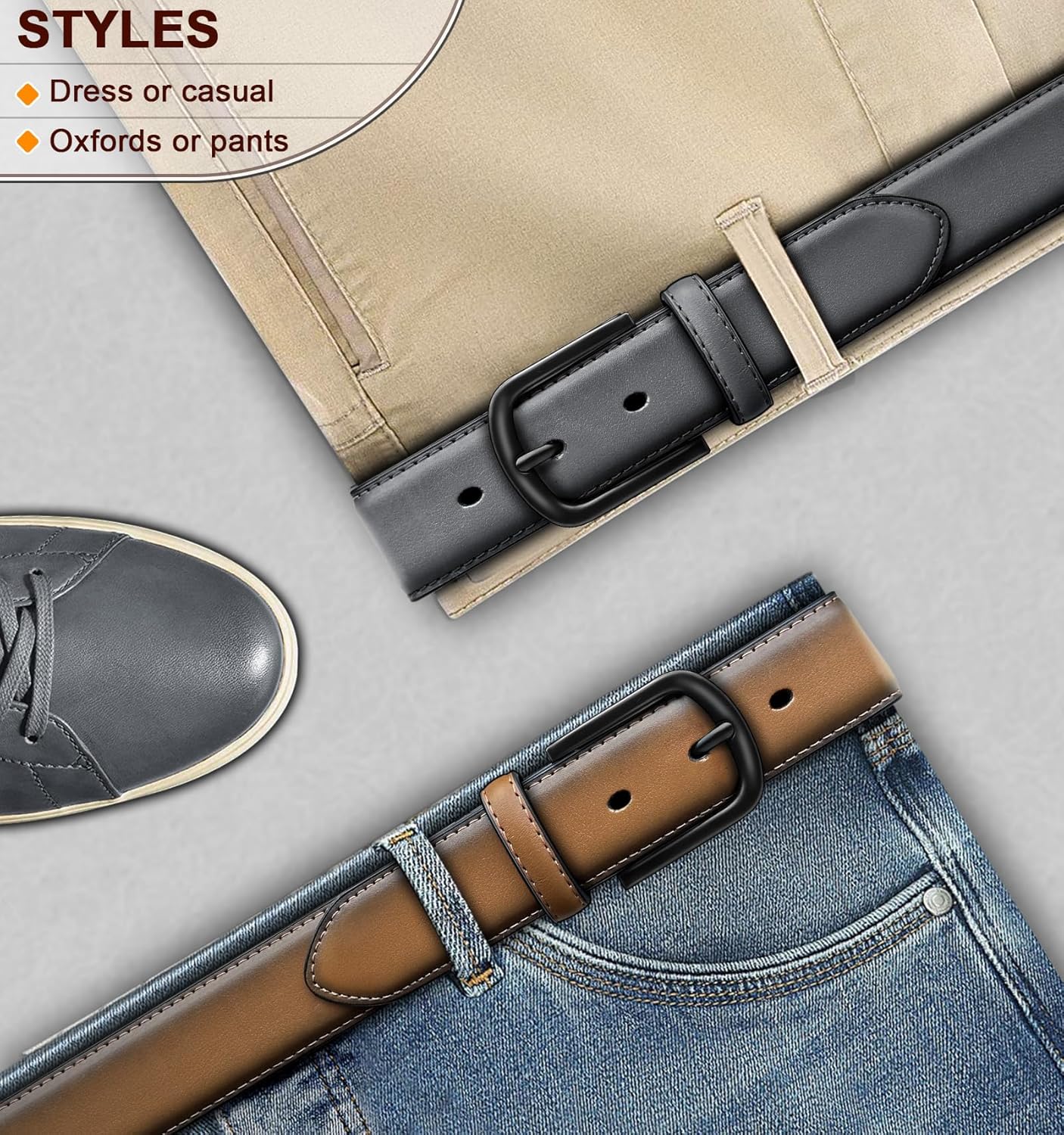 BULLIANT Men Belt 2Pack-Leather Belt 7Holes Comfortable For Men's Dress Casual Jeans 1 3/8"