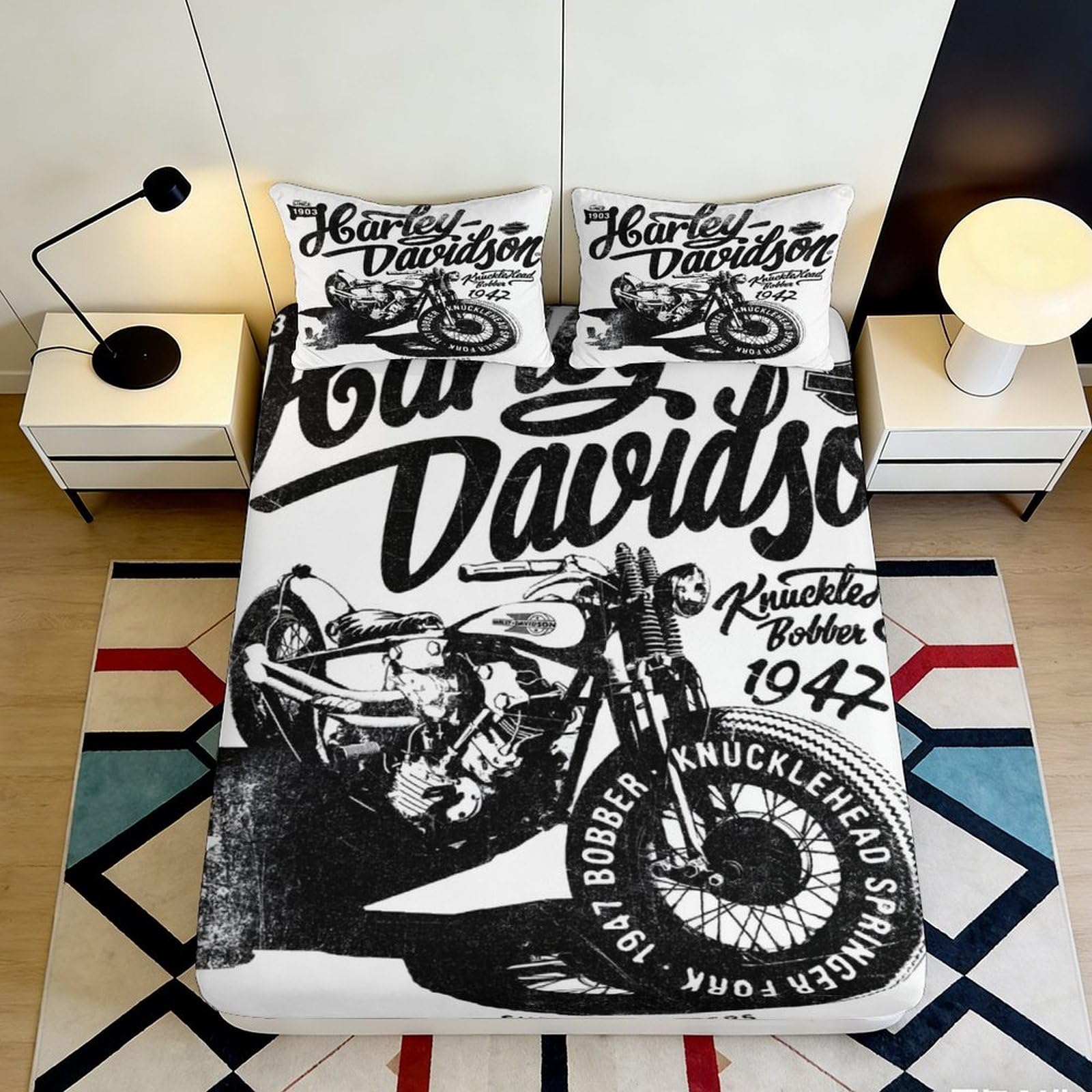 Uxinyoume Style-7 3D Printed Vintage Motorcycle Fitted Sheet Microfiber Soft Black White Retro Typography Bed Cover For Bedroom Guest Room Decor 90X200x25cm