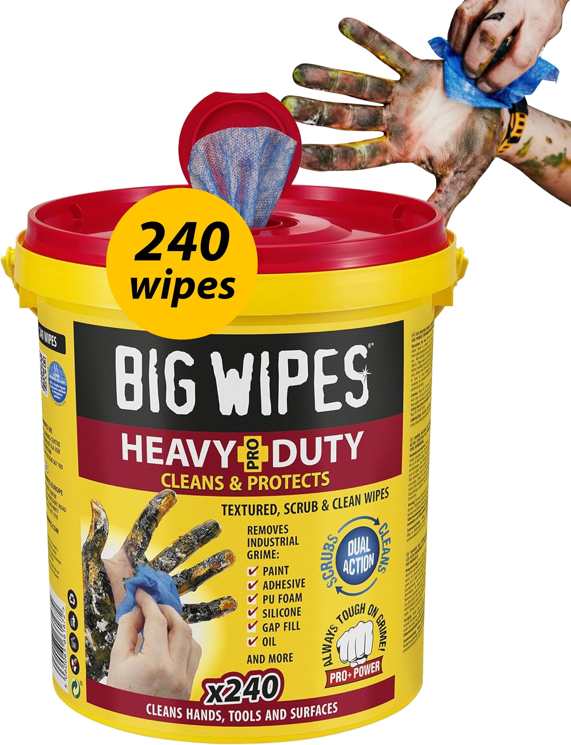 Heavy Duty Pro+ Hand Wipes – Textured Dual-Sided Cleaning Wipes for Paint, Grease, Oil - Industrial Cleaning Products for Tools & Surfaces - Heavy Duty Hand Cleaner - Dispenser Bucket x240