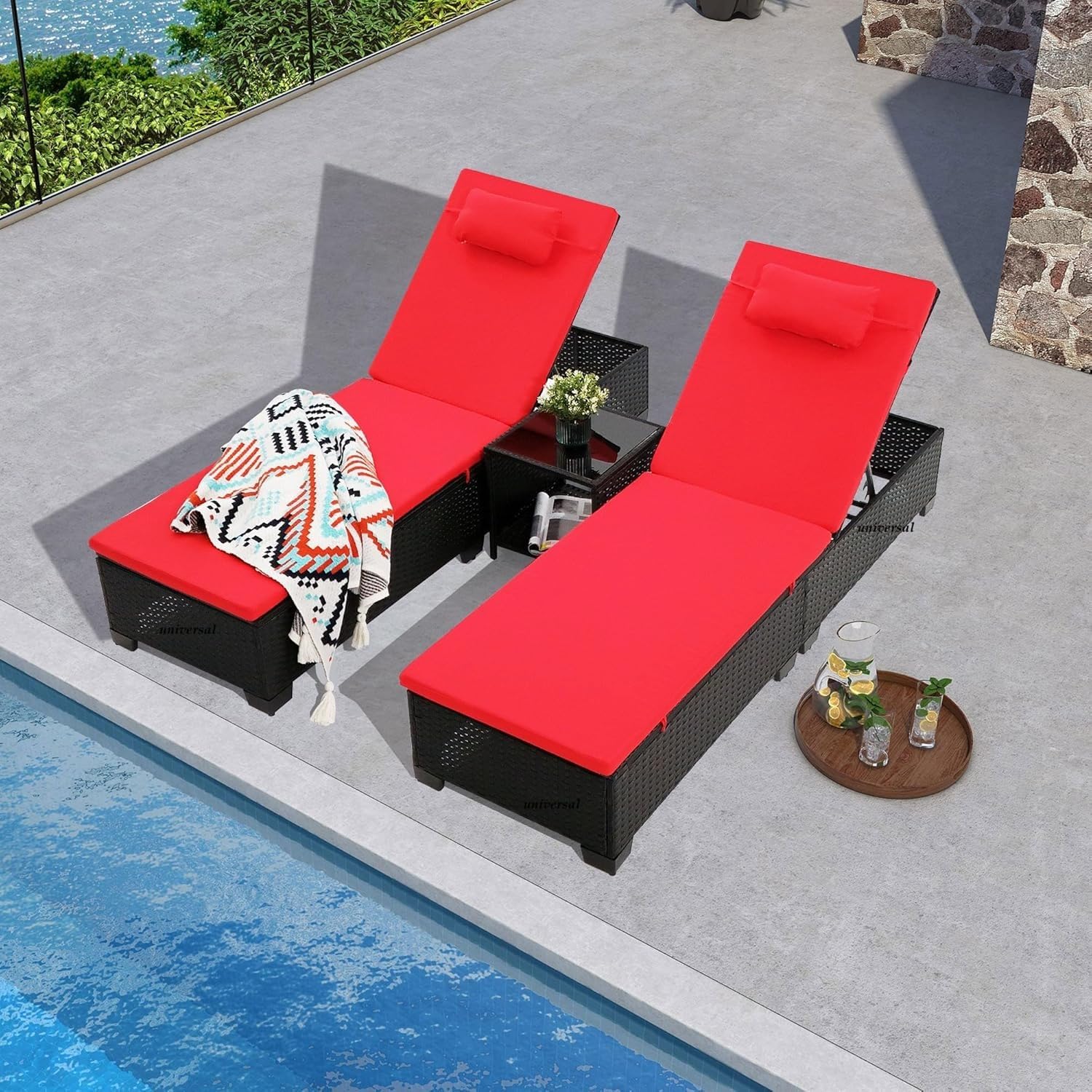 - 3 Piece Patio Chaise Lounge Set with Coffee Table, Black PE Rattan Outdoor Reclining Chair with Cushion, 5 Position Adjustable, 200 KG Capacity, Handwoven for Poolside Garden Courtyard (Black & Red)
