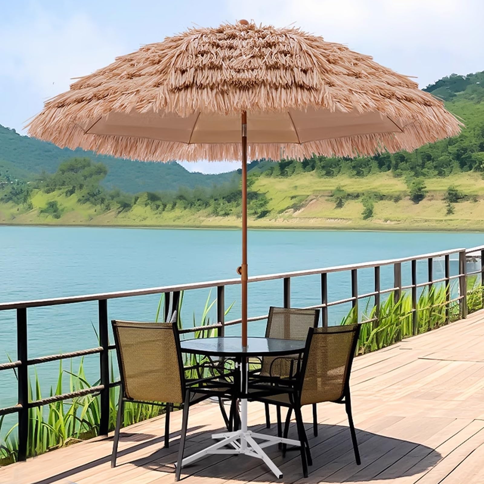 Parasol tarasowy kryty strzechą z podstawą, hawajski styl, trawa, parasol plażowy z 8 żebrami, regulacja nachylenia, parasole Tiki do basenu zewnętrznego, ogrodu, na taras, plażę