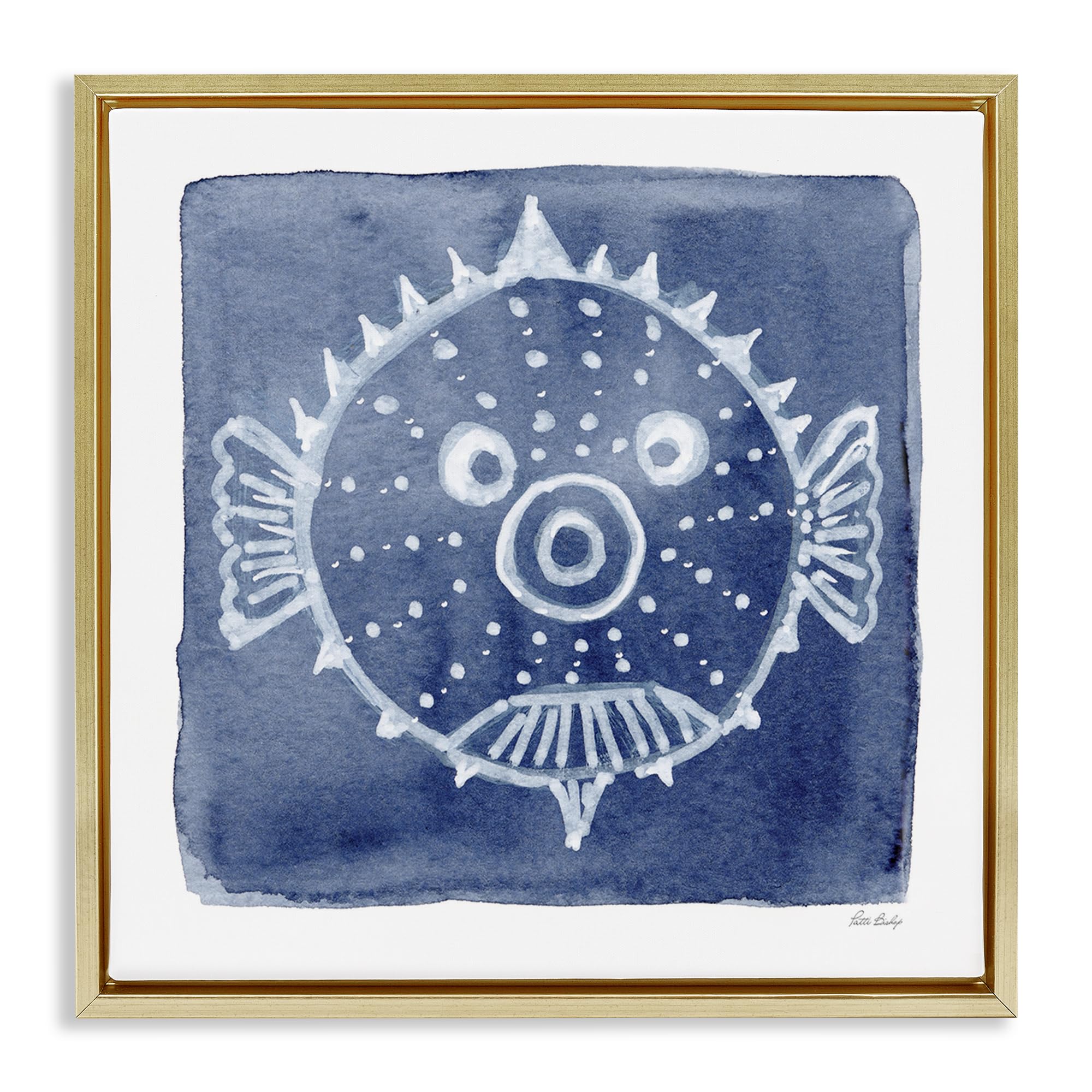 'White Blow Fish on Indigo'| Floating Frame Canvas Art