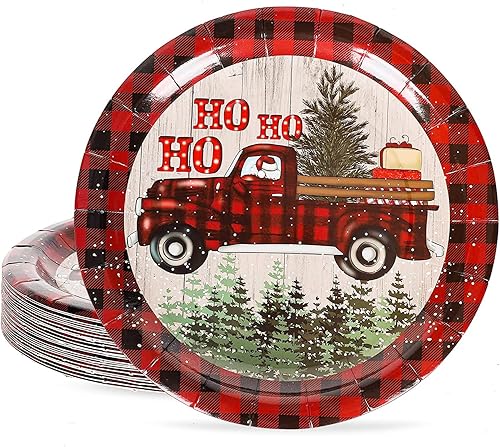 Whaline 40 platos de papel de Navidad con estampado de camión rústico HOHO platos desechables redondos rojos y negros con borde a cuadros vajilla