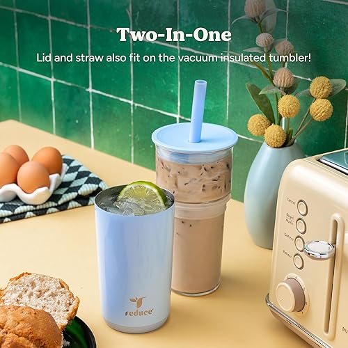 Miniatura 4 de REDUCE Aspen - Vaso térmico de vidrio con aislamiento al vacío de 20 onzas con tapa y pajita extra ancha, mantiene las bebidas frías durante 12
