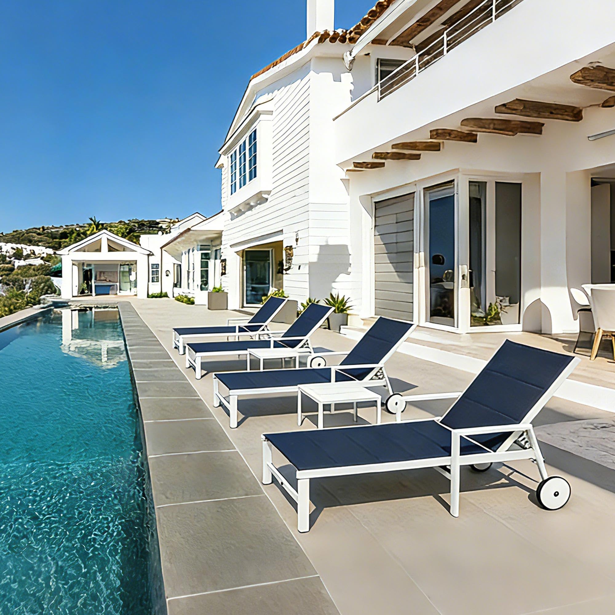 PURPLE LEAF Outdoor Chaise Lounge Set of 4 with Arm, White Frame, Navy Blue