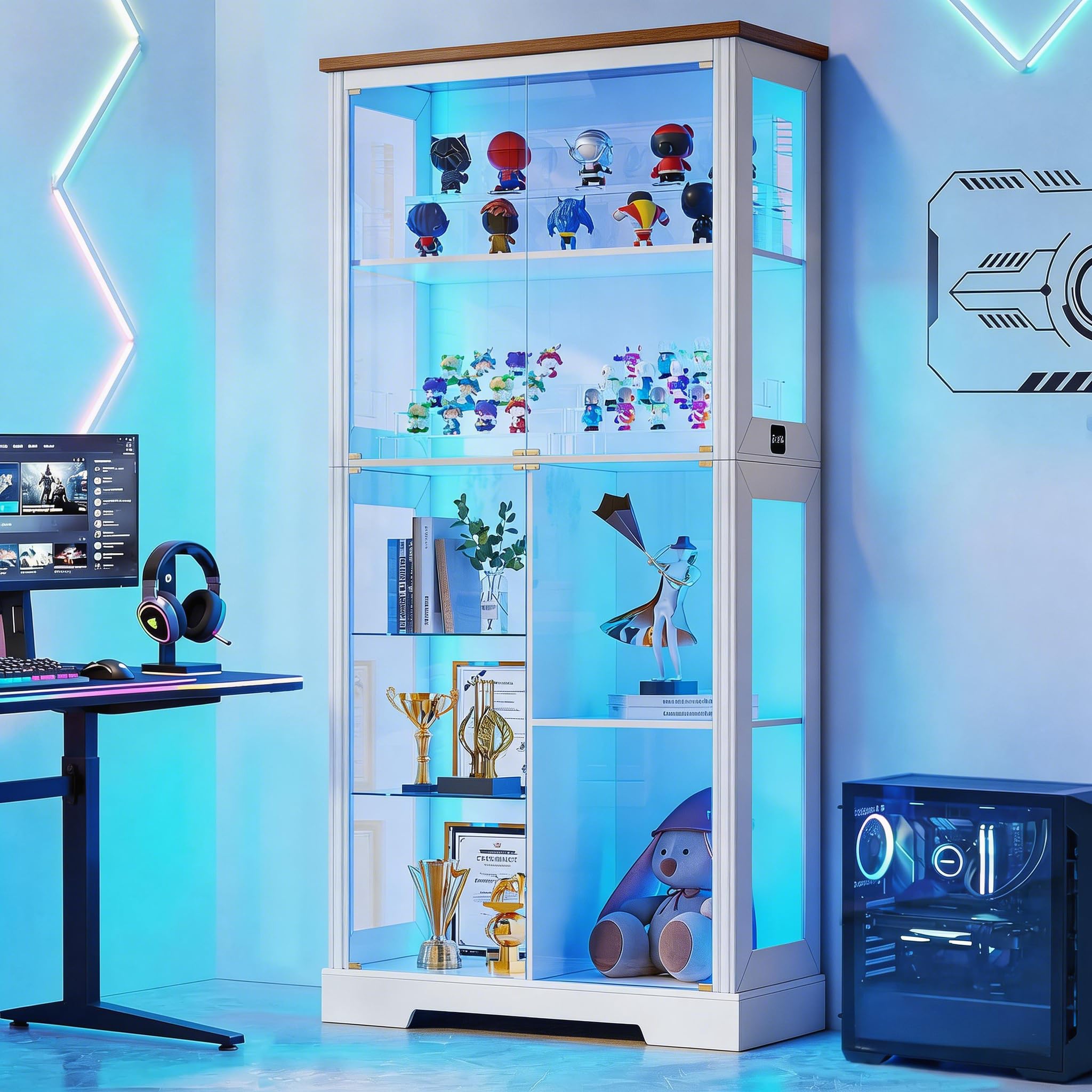 Lvifur Glass Display Cabinets - Lighted 5-Tier Curio Cabinet with 3 Color Lights for Collectibles Bookcases,180 cm Tall Storage Cabinet with Lockable Display Case with Human Body Sensor,White