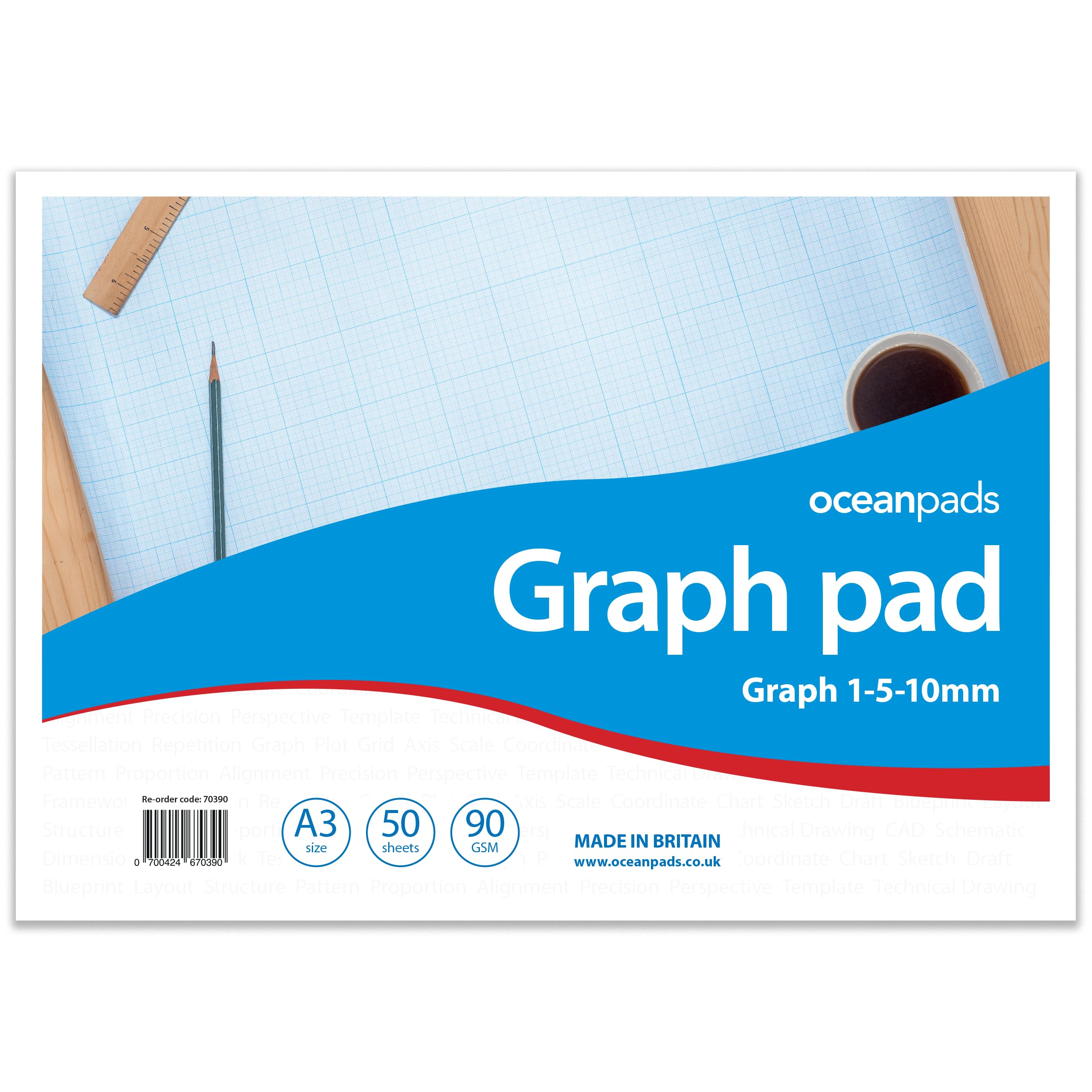 A3 Graph Pad x 50 Sheets of Smooth White 90gsm Paper with 1-5-10mm Graph. Ideal for Technical Drawing Plotting Graphs