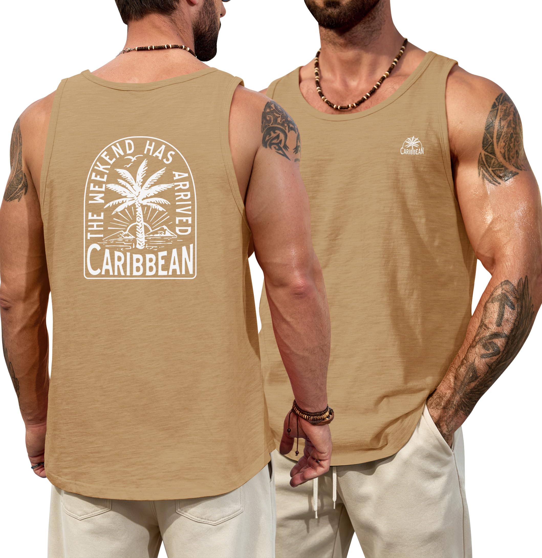 VOGSTART Mens Graphic Muscle Tank Top Beach Slub Cotton Sleeveless Shirts