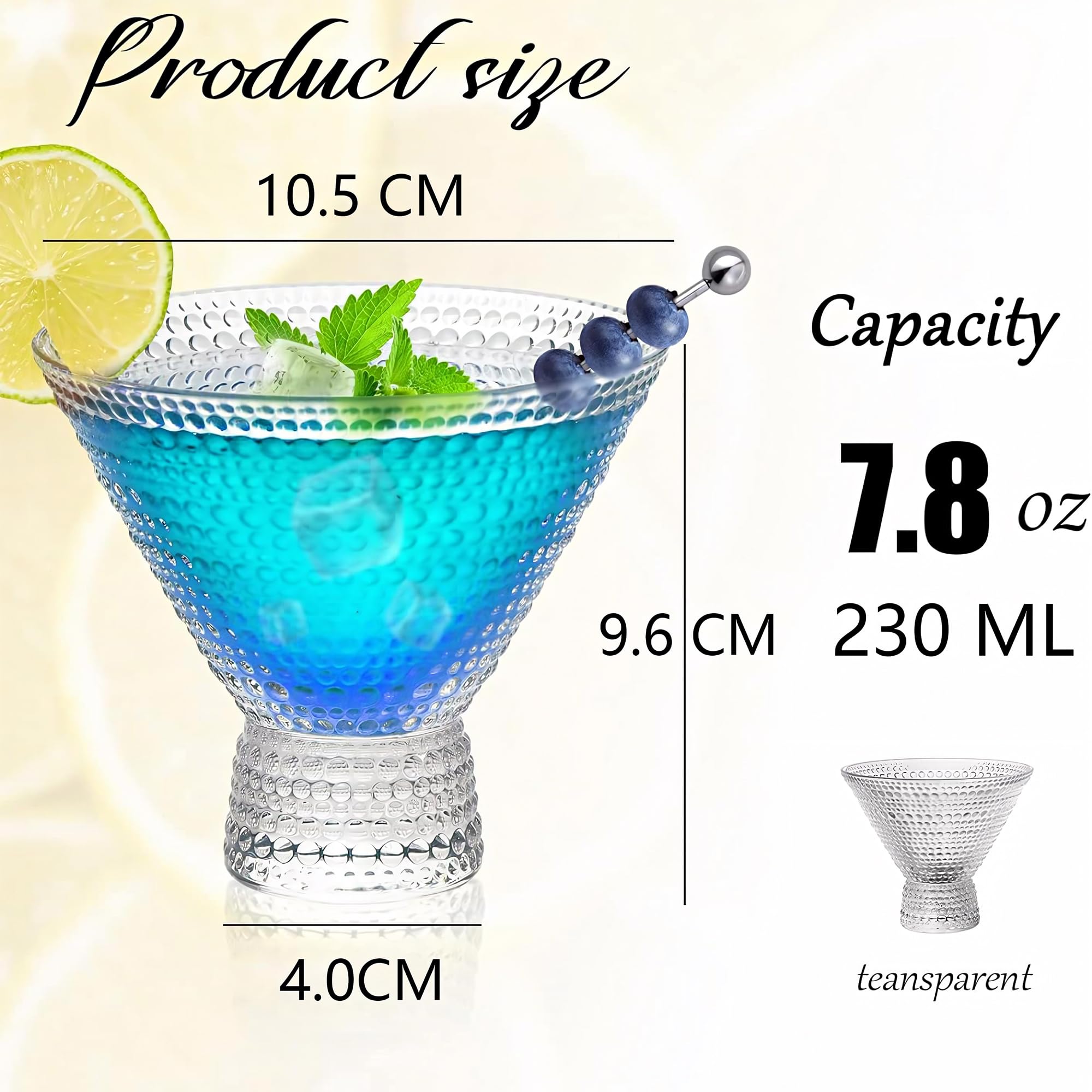 Martini Glasses Set of 4:8oz Clear Cocktail Glasses Embossed Pattern Classic and Retro,Coupe Glasses for Champagne Margarita,Stemless Martini Glasses for Drinks Ice Cream Smoothies (Pearly Point)