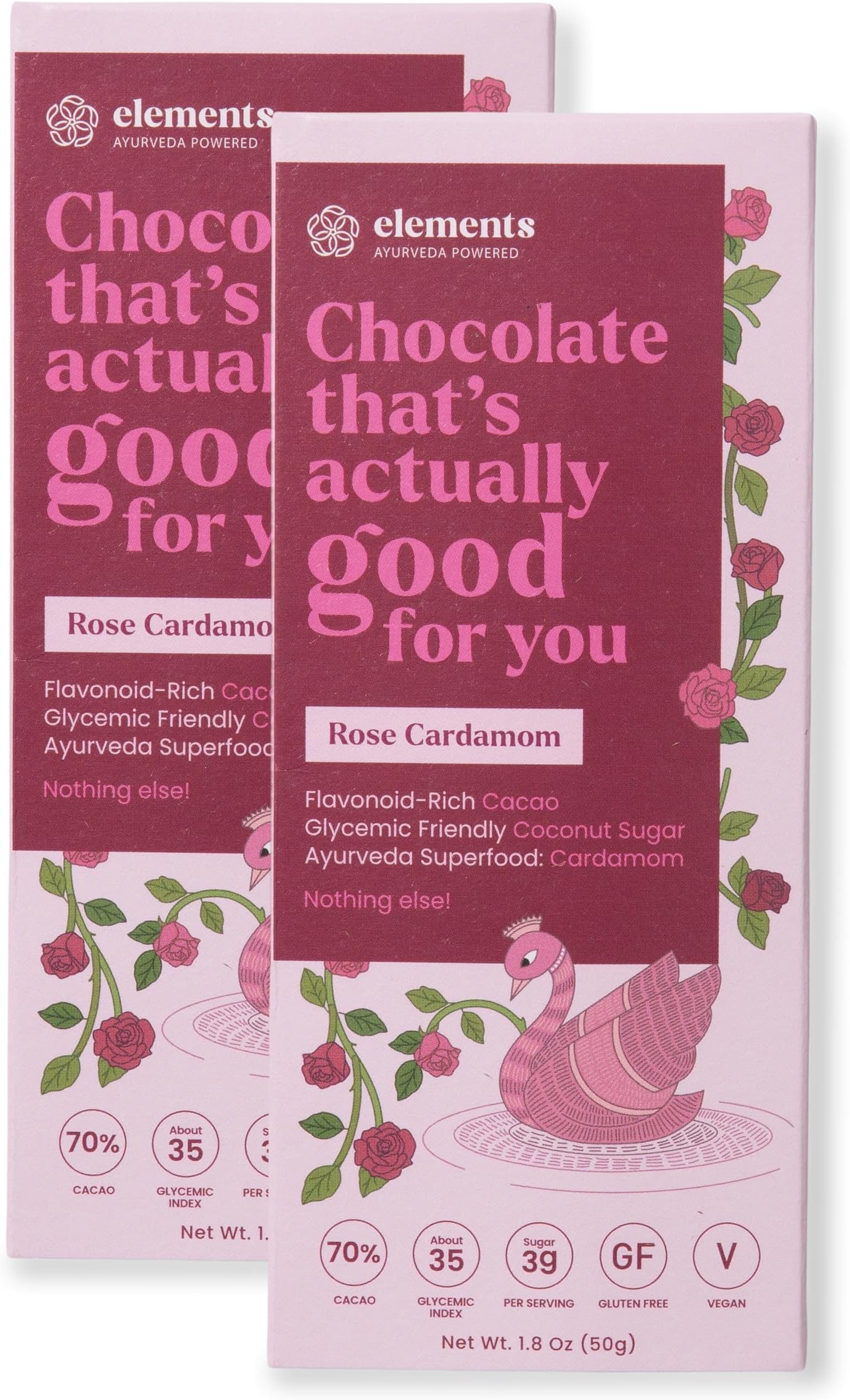 Rose Cardamom Flavoured Dark Chocolate Bar| Ayurvedic, Vegan & Gluten Free | No Refined Sugar & Artificial Flavours | Enriched with Cocoa, Coconut Sugar & Cardamom 50g (Pack of 2)