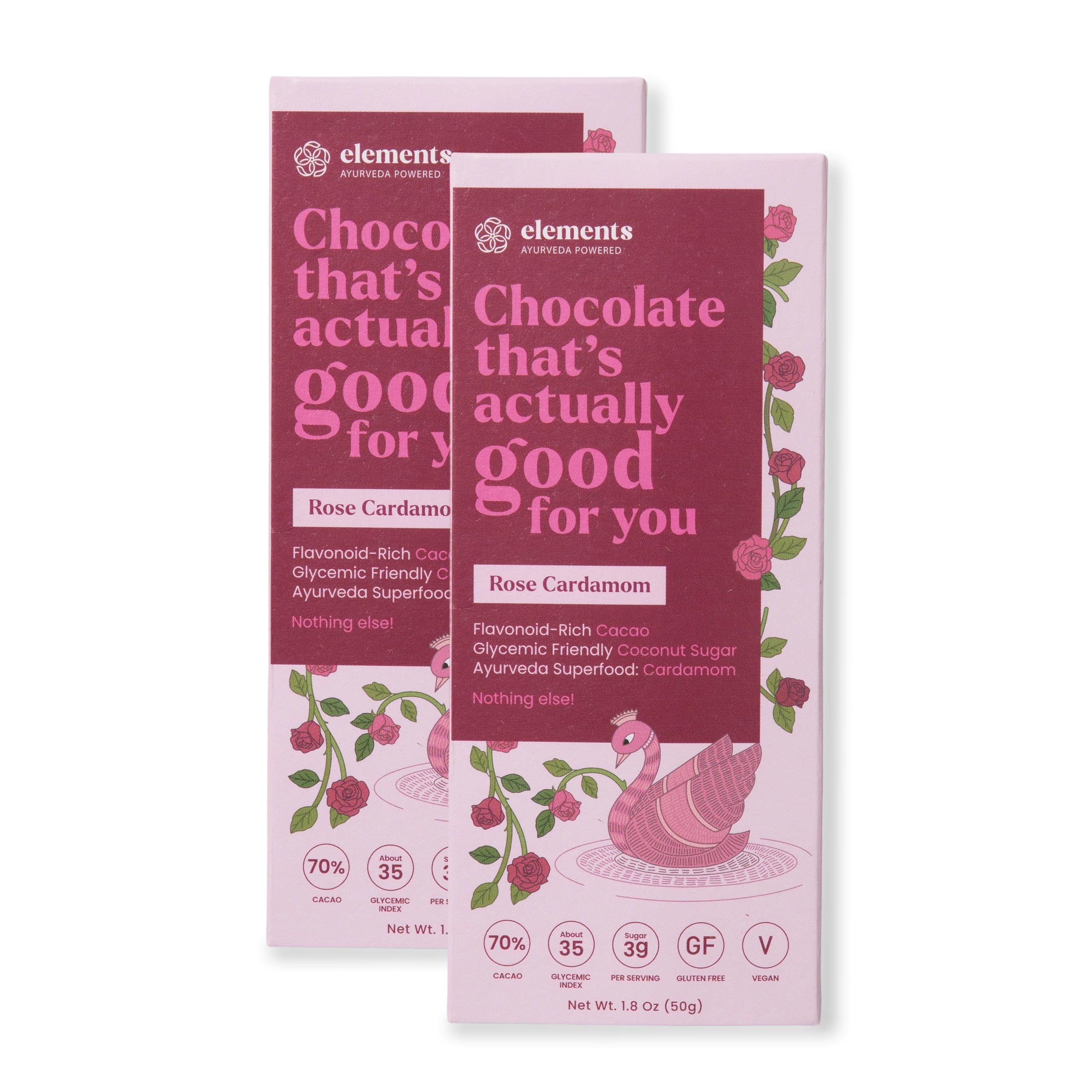 Elements Truffles Rose Cardamom Flavoured Dark Chocolate Bar| Ayurvedic, Vegan & Gluten Free | No Refined Sugar & Artificial Flavours | Enriched with Cocoa, Coconut Sugar & Cardamom 50g (Pack of 2)