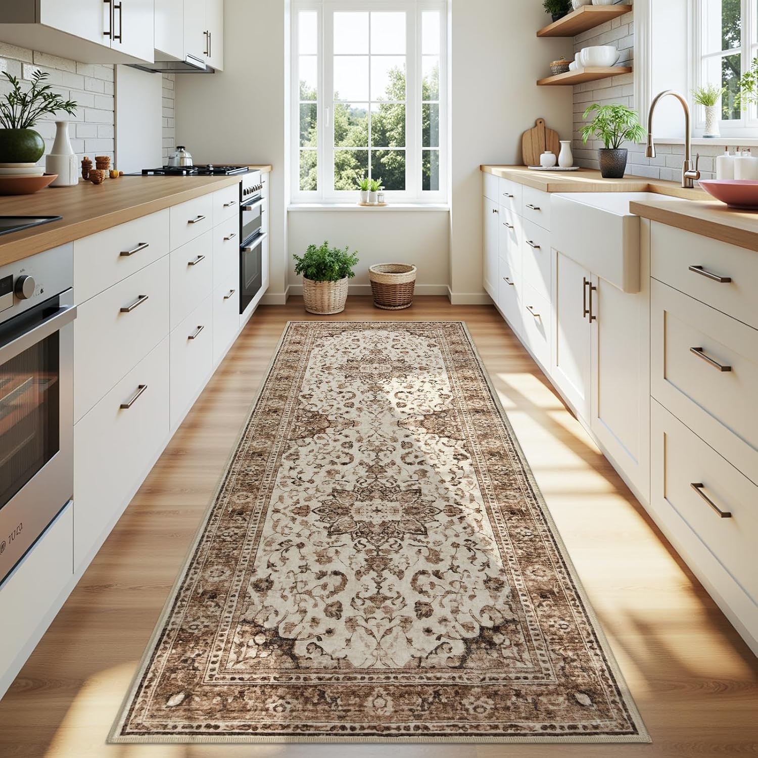 Joydeco Washable 2x6 Hallway Runner Vintage, Beige & Blue & Reddish-Brown