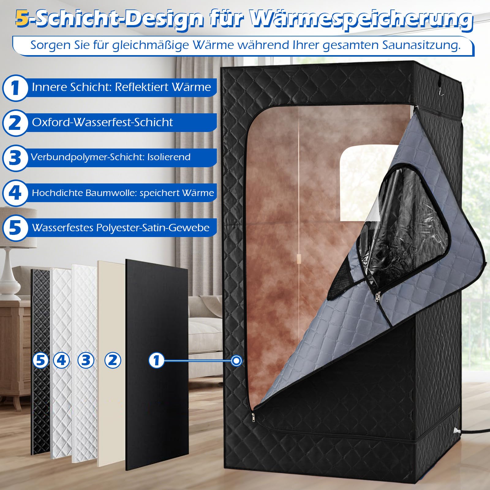 COSTWAY Sauna parowa 3 l, 1200 W, namiot do sauny z 15-stopniową regulacją temperatury, pilot zdalnego sterowania, timer, składane krzesło i mata, przenośna sauna domowa (88 x 88 x 179 cm, czarna)