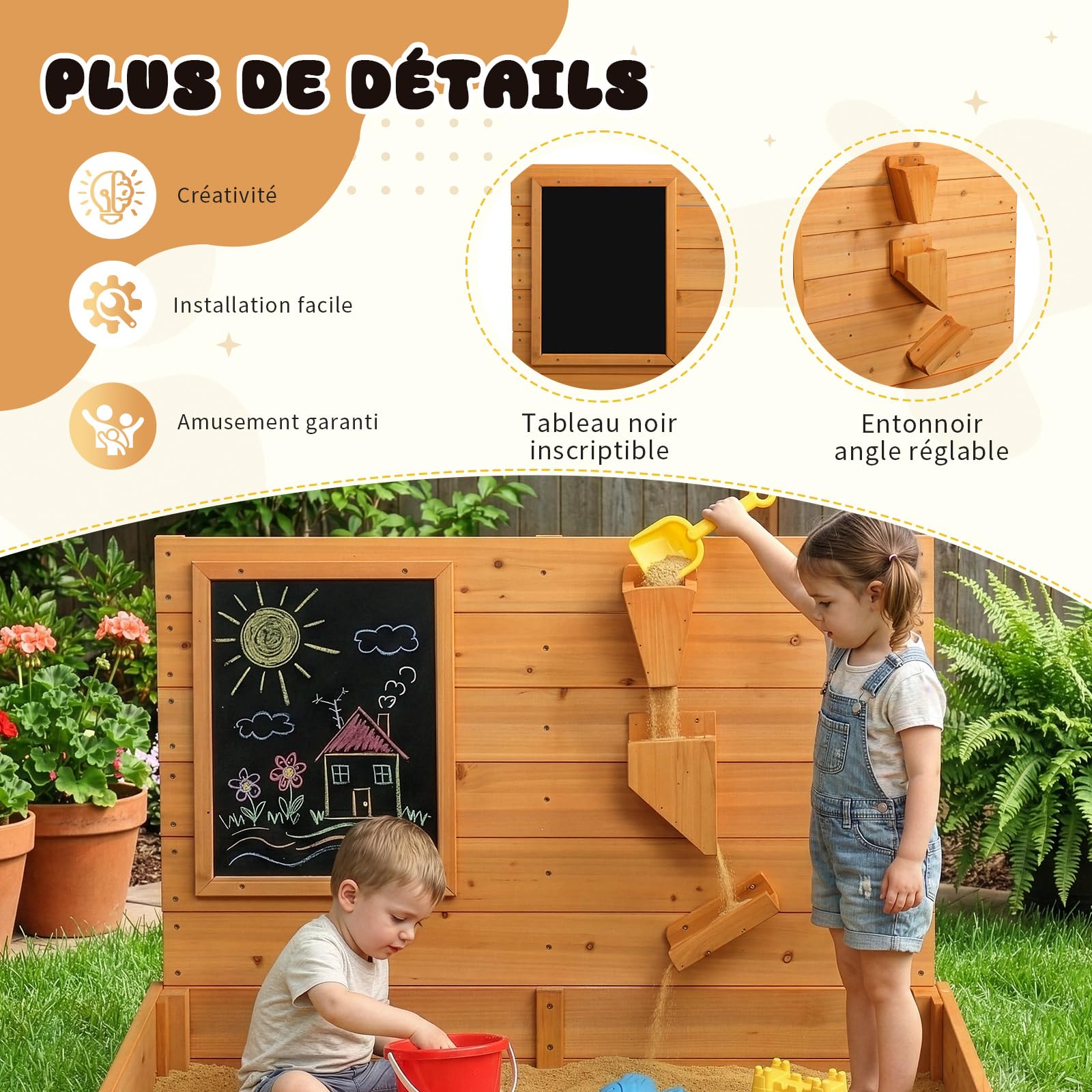 LEADZM Bac à Sable en Bois pour Enfants avec Banc, Tableau Noir et Entonnoir, 120 x 115 x 76.5 cm, Grand Bac à Sable Extérieur pour Jardin, Plage, Parc, Cadeau pour Garçons et Filles de 3 à 12 Ans