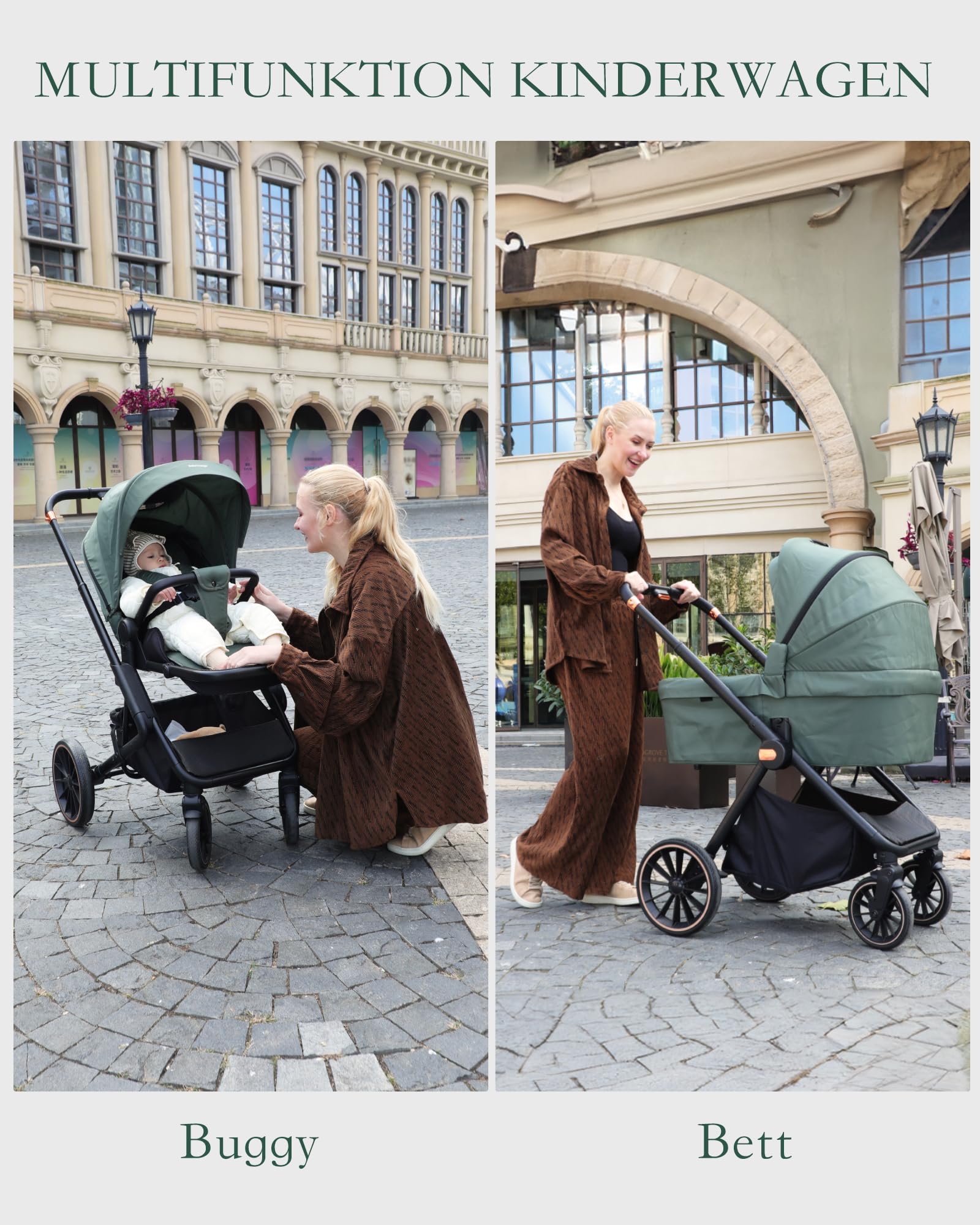 Kinderwagen Buggy 2 in 1 0-48 Monate Aluminiumlegierung Vollfederung 5-Punkt-Sicherheitsgurt Zusammenklappbar Grün