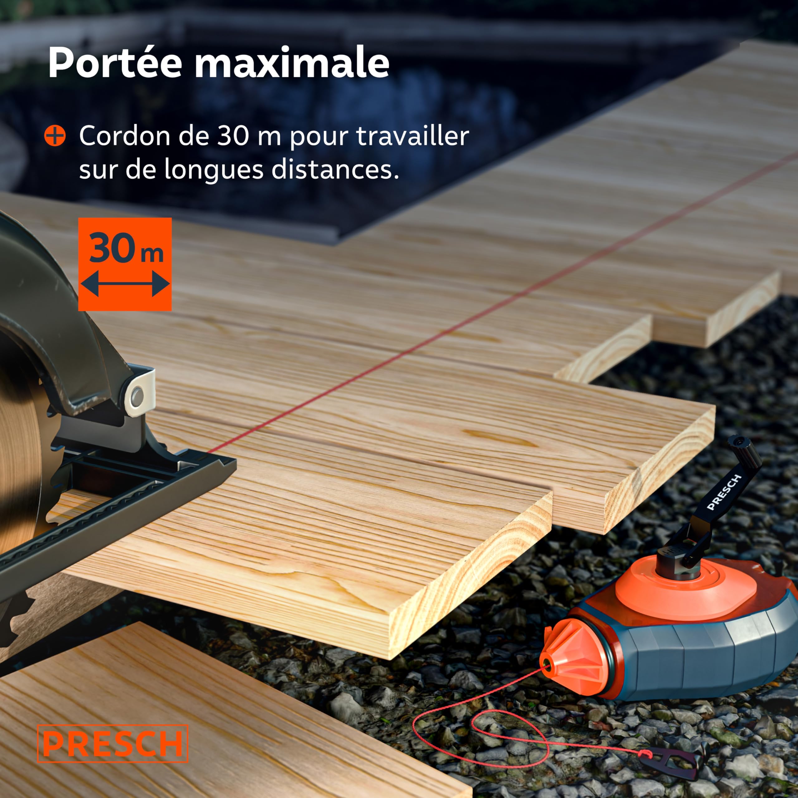 PRESCH Cordeau Traceur de 30m avec craie rouge (150 g) - Dévidage rapide grâce à l'engrenage 6:1 - Hydrofuge et durable - Ligne robuste pour des lignes précises