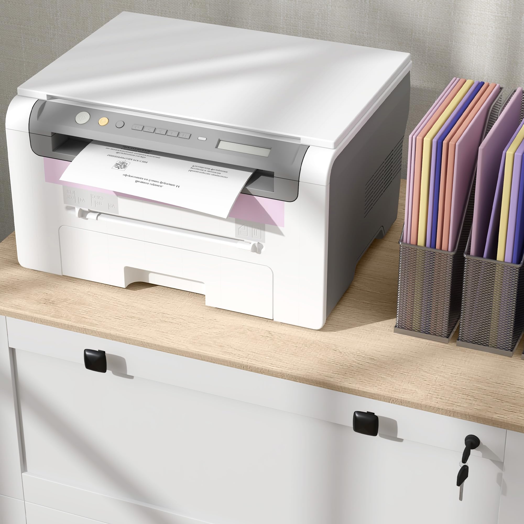 HOMCOM Cajonera de Oficina Mueble Archivador con 2 Cajones 2 Barras para Colgar 2 Llaves y Cerradura para Papel Tamaño A4 para Estudio Sala de Estar 79x40x72 cm Roble y Blanco