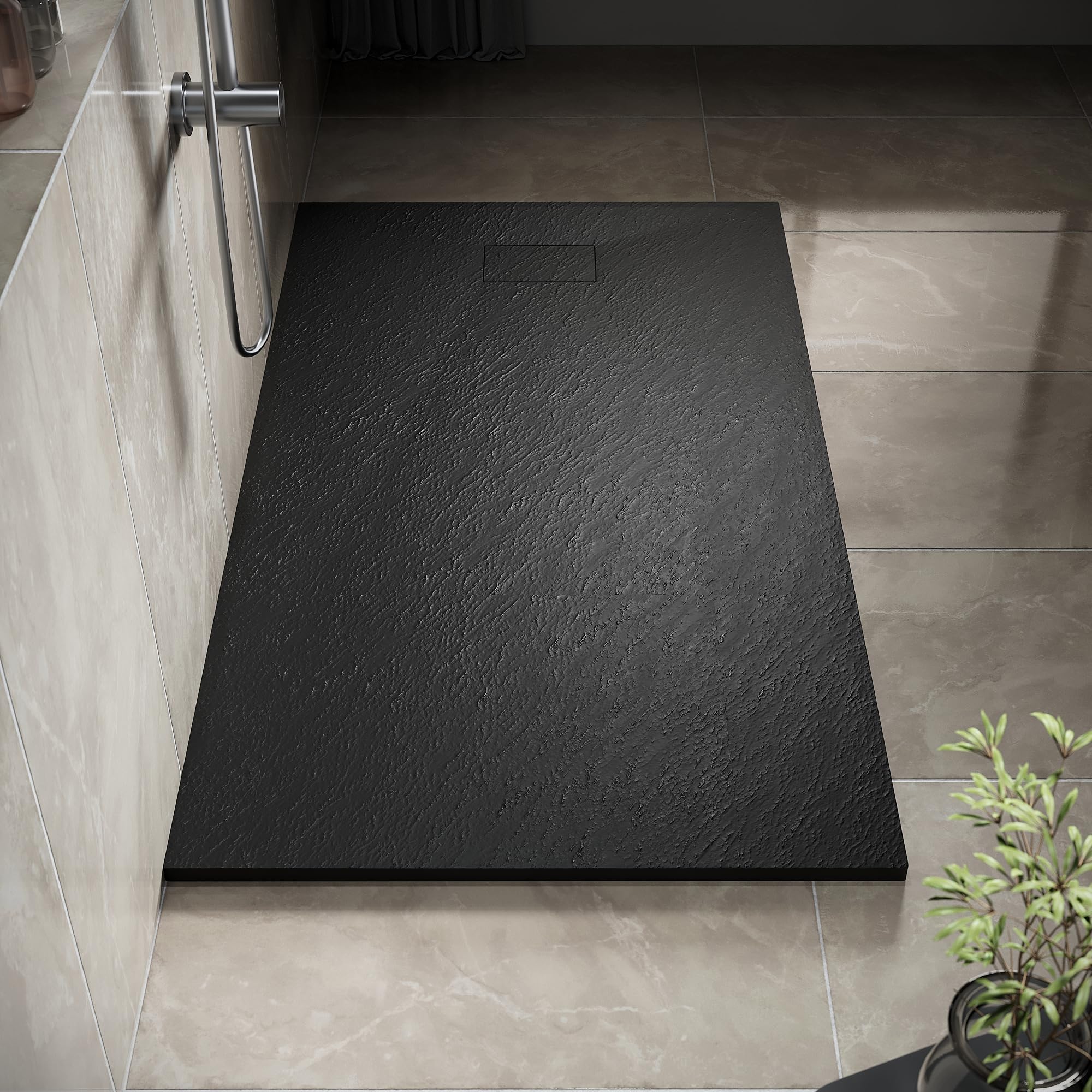 SIRHONA Piatto Doccia, 160 x 90 cm, Vassoio Doccia Antiscivolo, Rettangolo Nero, Materiale in Resina SMC, con sifone