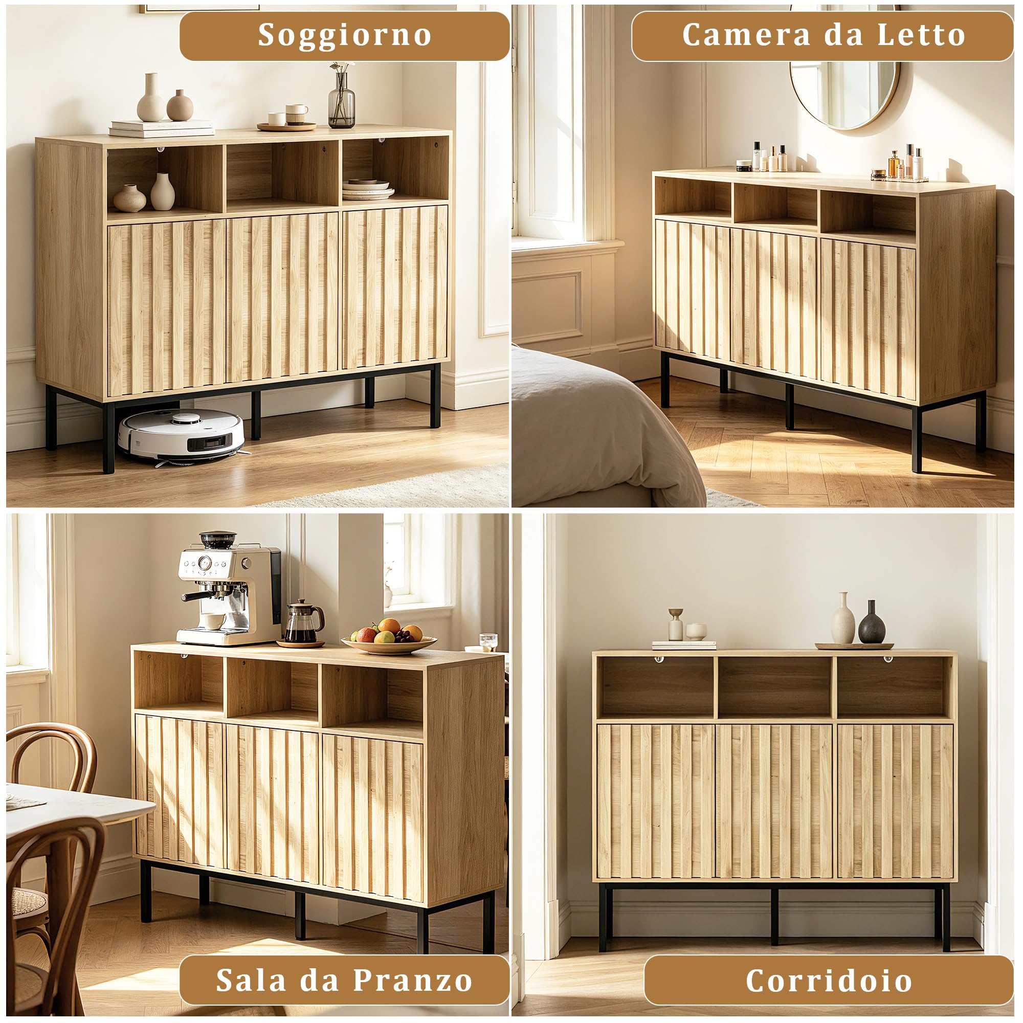 UEV Credenza Cucina con Luce LED a 3 Ante Design Strisce di Legno, Naturale | Armadietto con 3 Scomparti Aperti, Mobile Moderno con Ampio Piano di Lavoro, 105x40x80cm