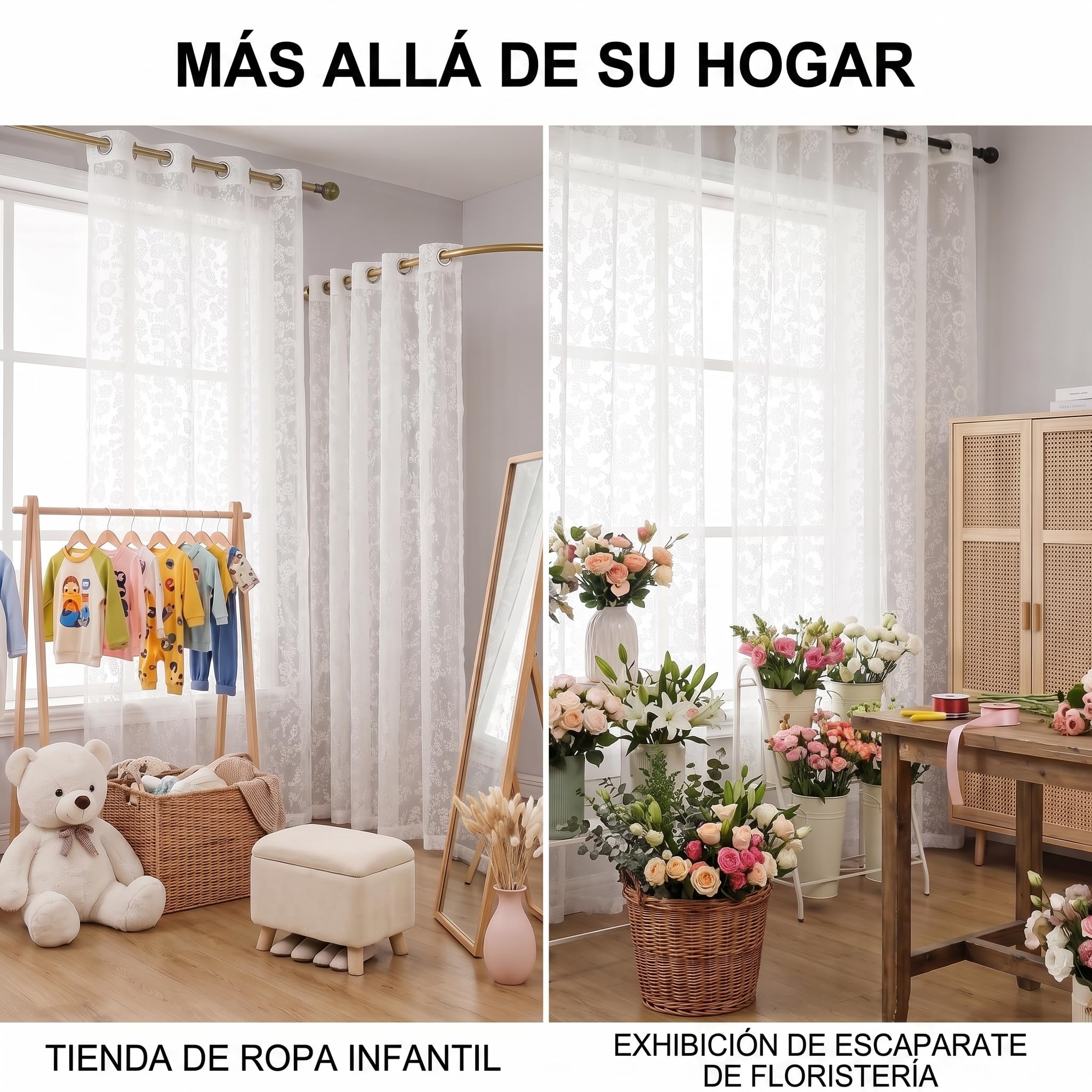 Visillos Blancos Jacquard con Flores pequeñas, Al260 x An140 cm, Set de 2 Paneles, Cortinas translúcidas con Ojales, Efecto Encaje, habitación niña salón Dormitorio
