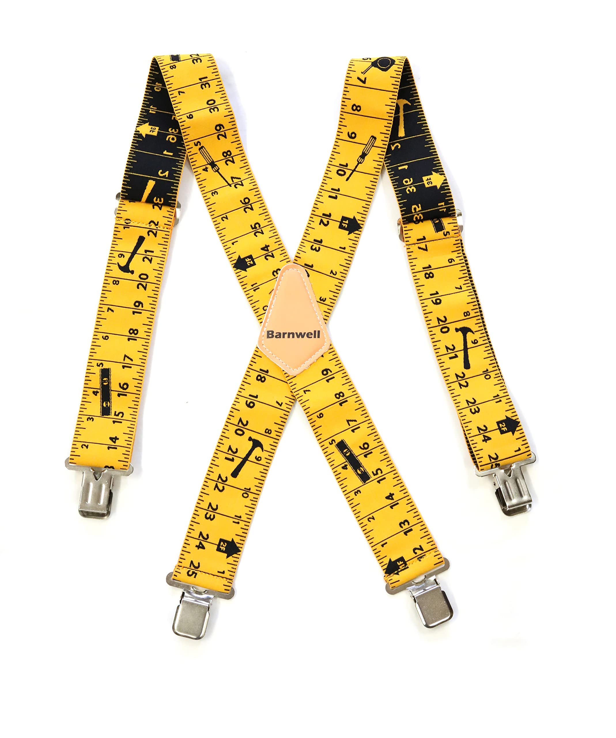 Barnwell Unisex Yellow/Black Trouser Braces Suspenders Heavy Duty Metal Clips 50Mm Wide Adjustable Elastic Hammer Tape Screwdriver Design