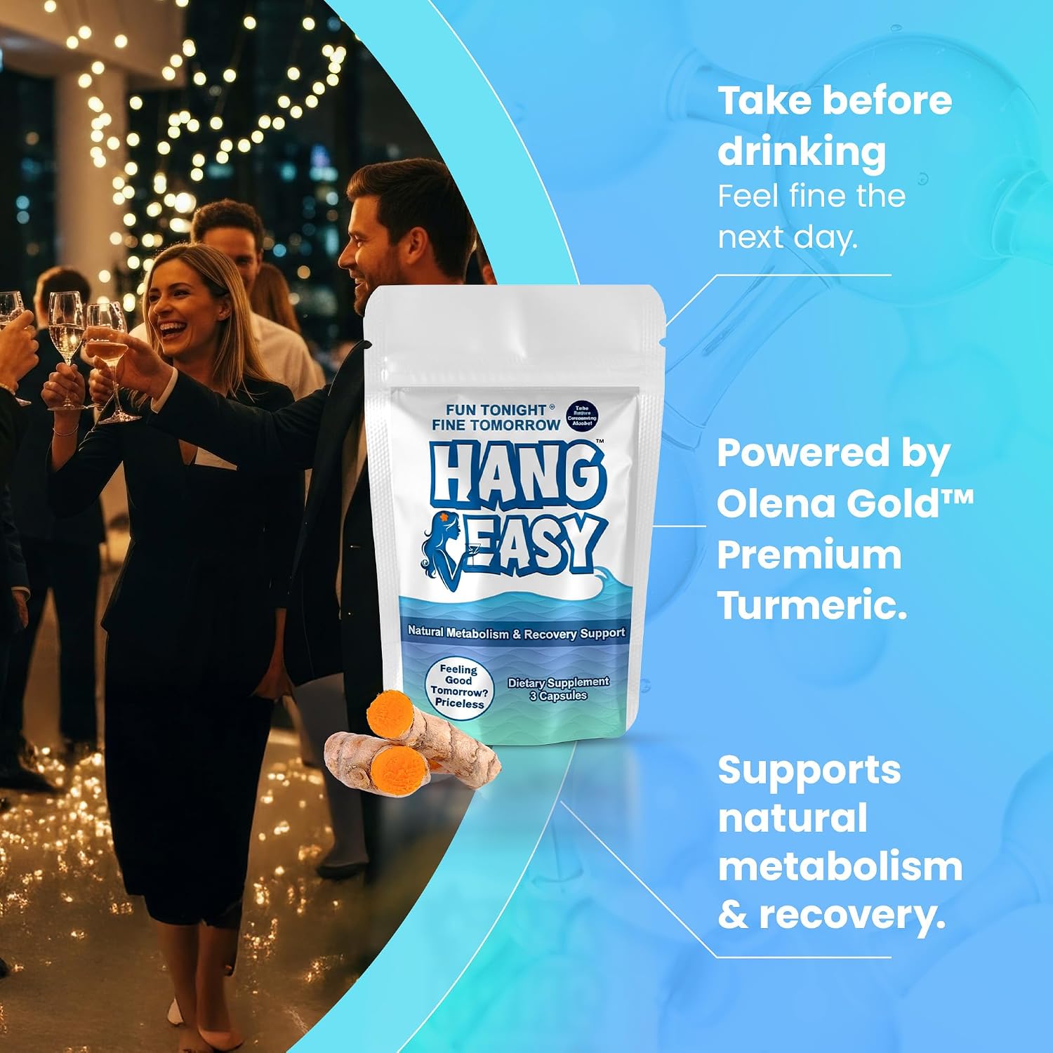 Good Mana Hang Easy – Pre-Drink Supplement with Olena Gold® Turmeric & Vegan NAC – Natural Metabolism & Recovery Support - 3 Capsules/Pack