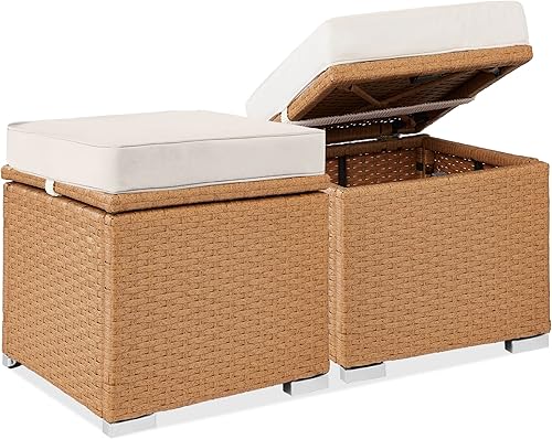 Best Choice Products Juego de 2 otomanas de mimbre, muebles de exterior multiusos para patio, patio trasero, asientos adicionales, reposapiés, mesa