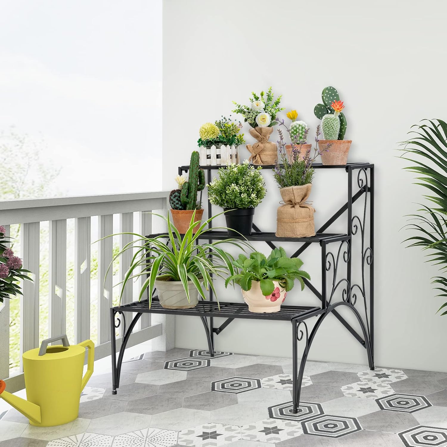 S AFSTAR 3-Tier Metal Plant Stand, Rectangular Ladder Tiered Flower Pot Holder Heavy-duty Plant Display Rack for Indoor & Outdoor Use, Multi-functional Stepped Storage Organizer for Garden, Patio,