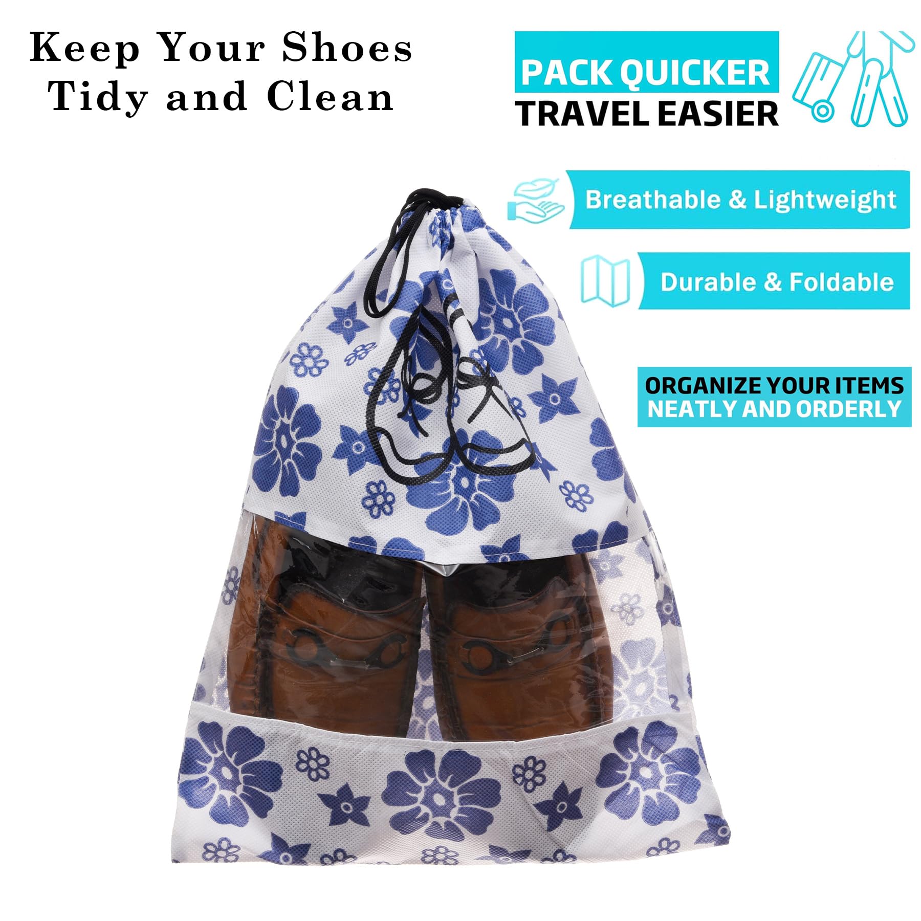 Kuber Industries Schuhüberzug | Reise-Schuhaufbewahrungstaschen | Vlies-Aufbewahrungsbeutel | Schuhüberzug mit Kordelzug | Schuh-Organizer mit transparentem Fenster | Blaues Blumen-Design | 6 Stück |