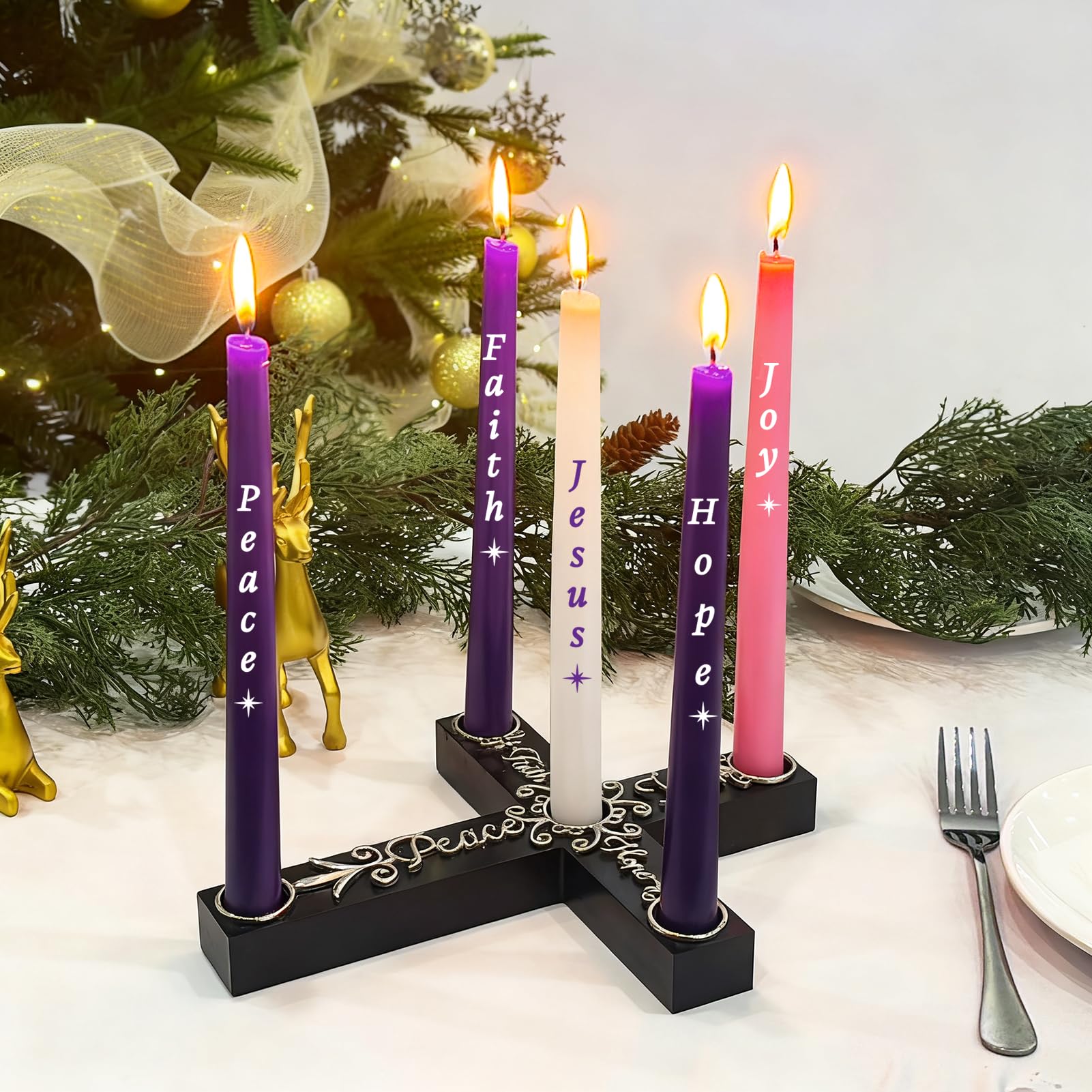 Set di 5 candele natalizie per l'avvento e per presepe, candele colorate con croce in legno e nodo celtico, regalo di Natale religioso per casa, chiesa, caminetto, centrotavola