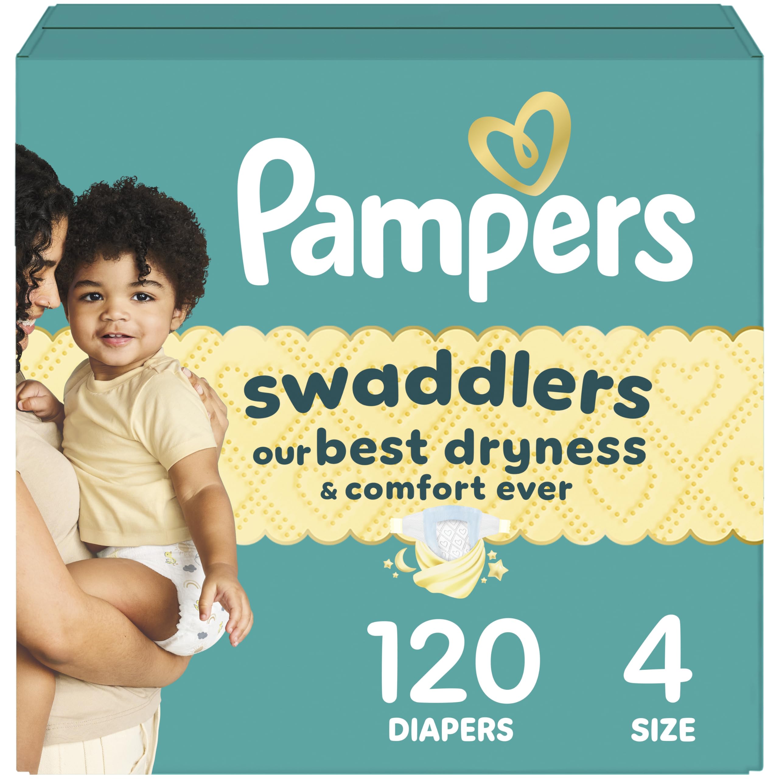 pampers swaddlers diapers size 4 15-34 lbs 120 count absorbent keeps baby dry and comfortable skin safe disposable baby diaper packaging may vary