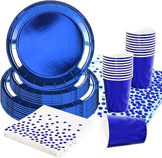 Vajilla de metal azul real para fiestas, 69 unidades, color azul, juego de platos de papel, vasos de papel, servilletas y manteles, vajilla de fiesta de cumpleaños, decoración de mesa para Navidad