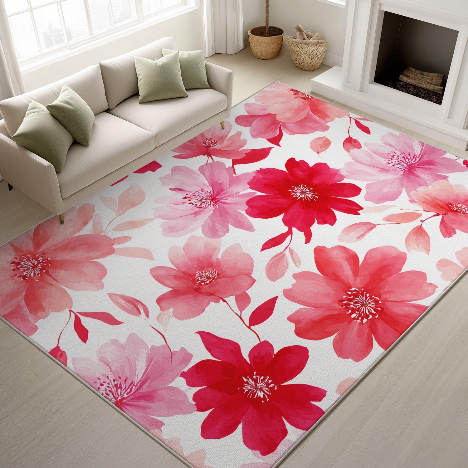 Tapis salon 160x230 cm rose floral et antidérapant pour chambre