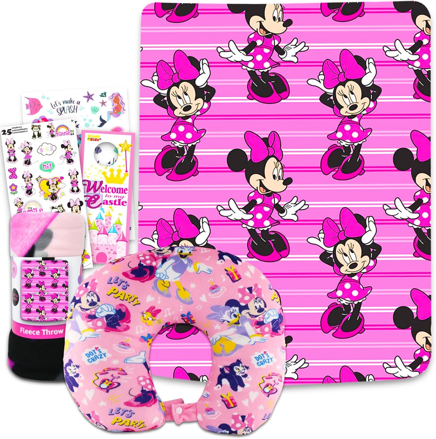 Disney Minnie Mouse Travel Blanket and Pillow Set - Bundle with 45"x 50" Throw Blanket, Neck Pillow, Stickers, More | Minnie Mouse Travel Accessories for Kids, Girls