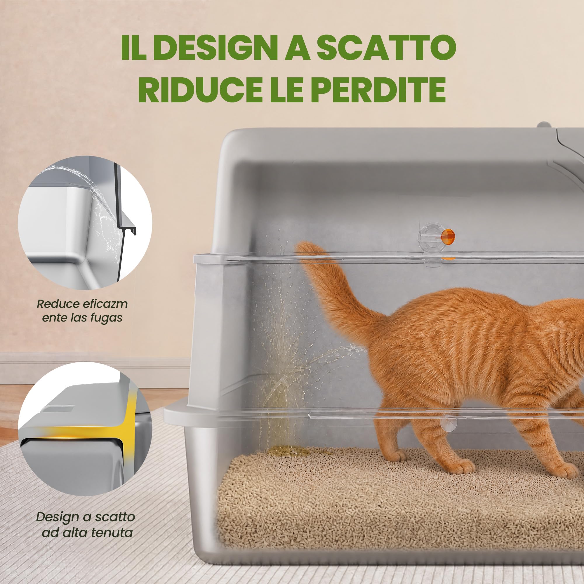 XXL Lettiera Gatto Chiusa in Acciaio Inox – 3-in-1 Lettiera Gatto Chiusa Grande con Coperchio, Modulare, con Filtro a Carbone Attivo, Coperchio Ribaltabile 180°, Pala Metallica & Tappetino
