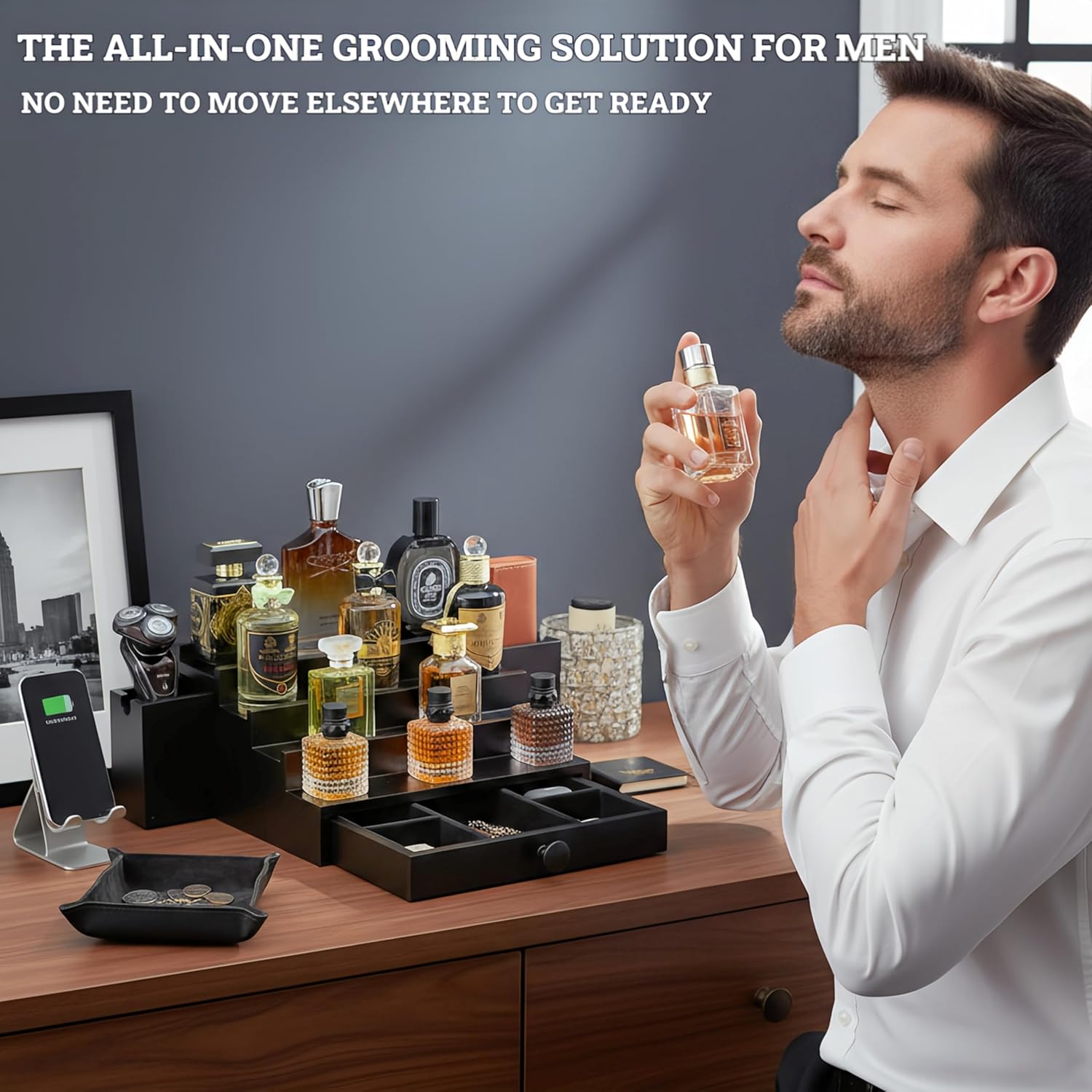 Wooden Cologne Organizer For Men 4 Tier Black | High Grade Velvet Lining and Stylish Gift Box | Side Compartment | Space Aid Cologne Holder | Perfume Display Stand | Dresser Countertop Decor