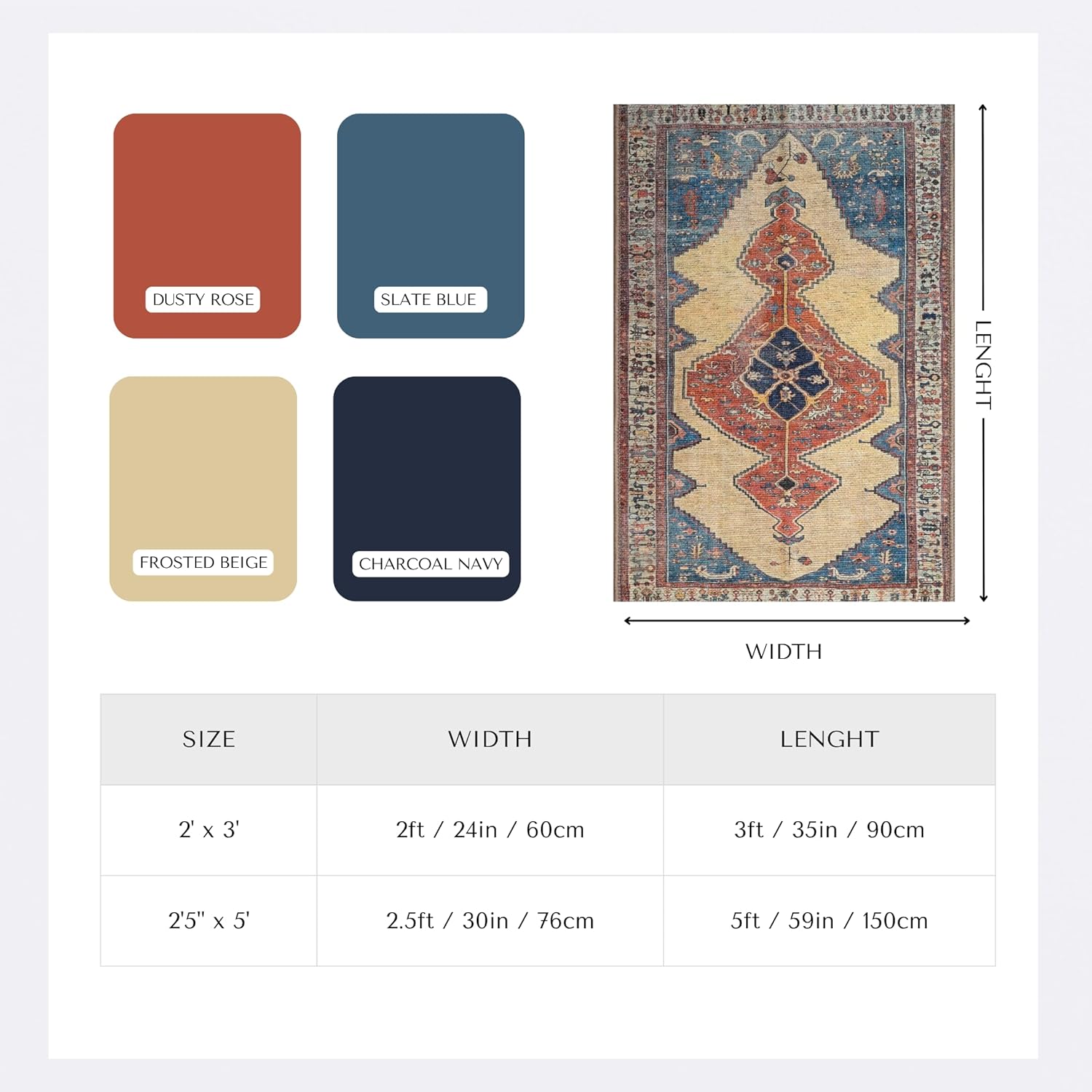 Boho Turkish Rug 2'5"x5' – Washable Vintage Small Rug for Kitchen, Entryway, Bathroom, Bedroom – Non-Slip, Foldable Area Rug for Indoor Use