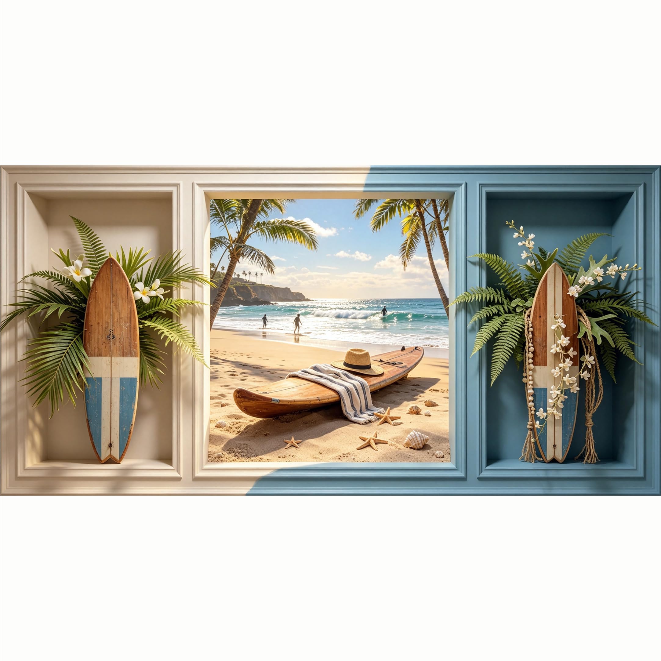 QZLITHOTIC 50x100cm 3D Framed Wall Art， Tropical Coastal Surfboard Landscape Self‑Adhesive Mural， Water‑Activated Peel & Stick Fabric Decor Wall Decal for Bedroom Living Room
