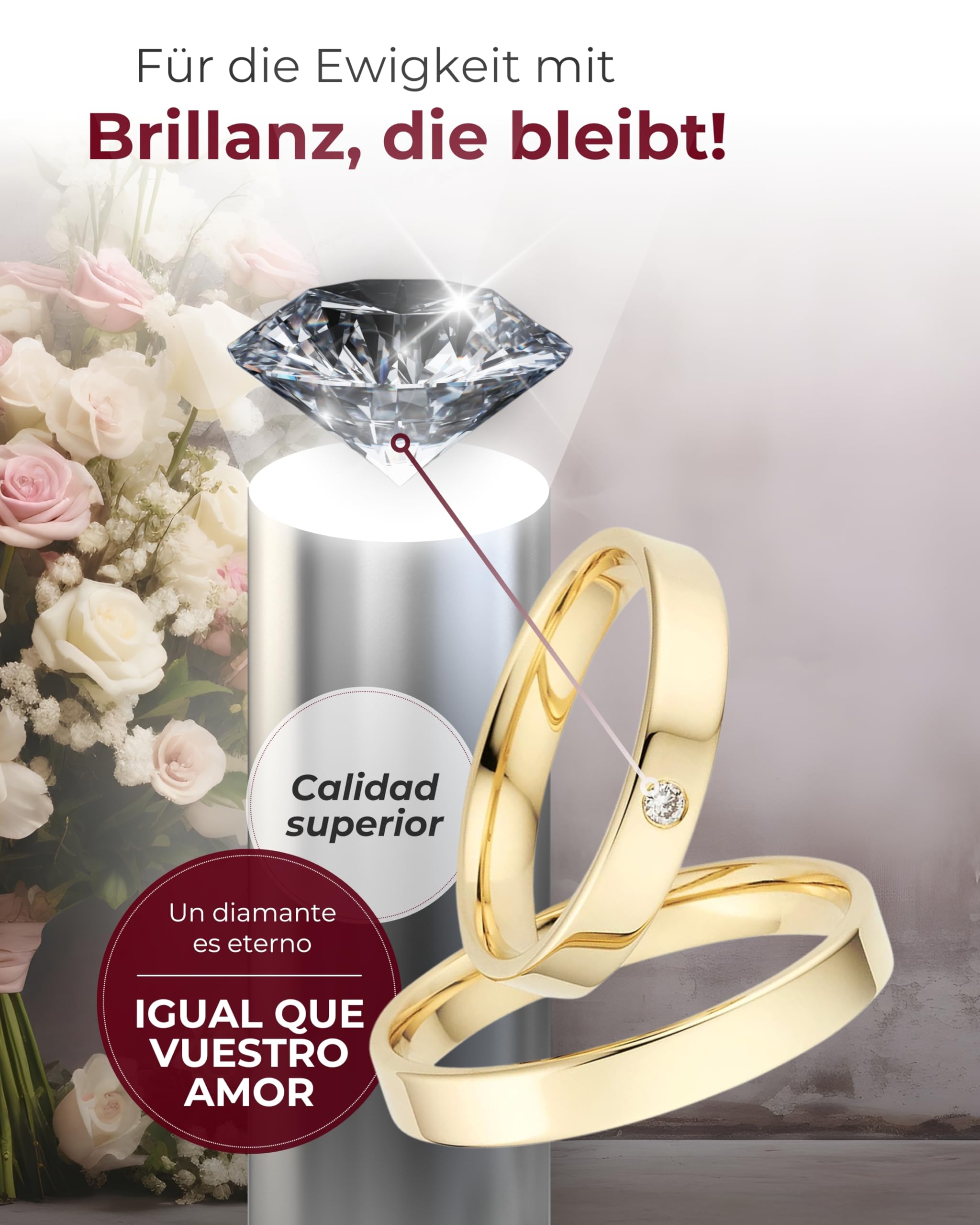 123traumringe Alianzas de oro amarillo de 8 quilates (333) | Anillos de pareja con diamante y estuche | Alianzas grabables de 3 mm de ancho y 1,3 mm de grosor | Tallas 50-72 mm | P18
