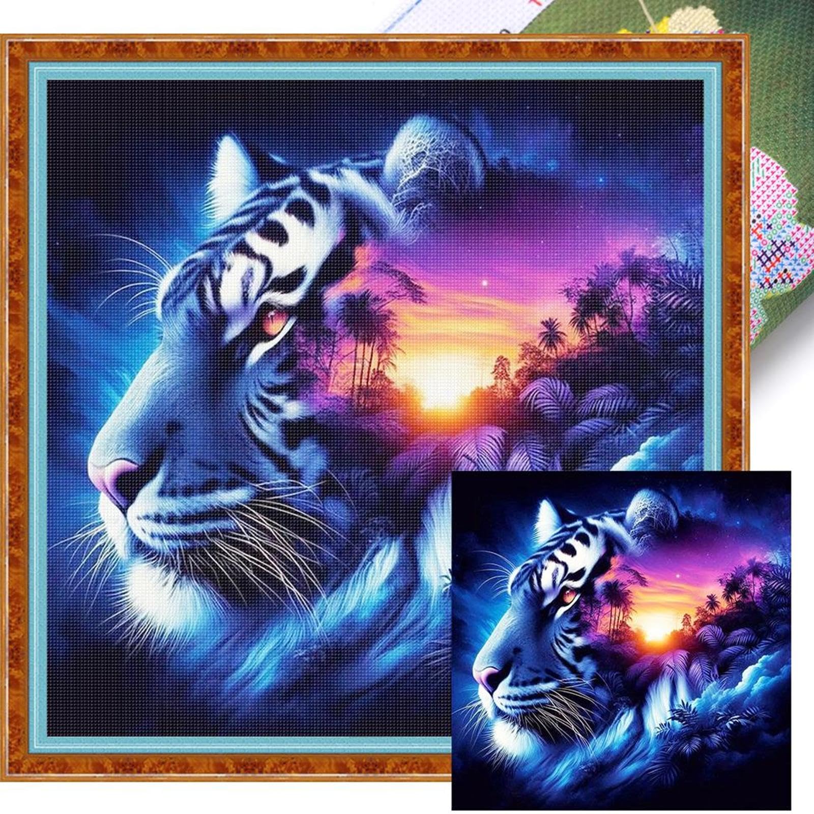 Htu Multicolor Tiger Printed Cross Stitch Kit 45X45cm Diy 11Ct Embroidery Craft Set Home Decor (Husky)