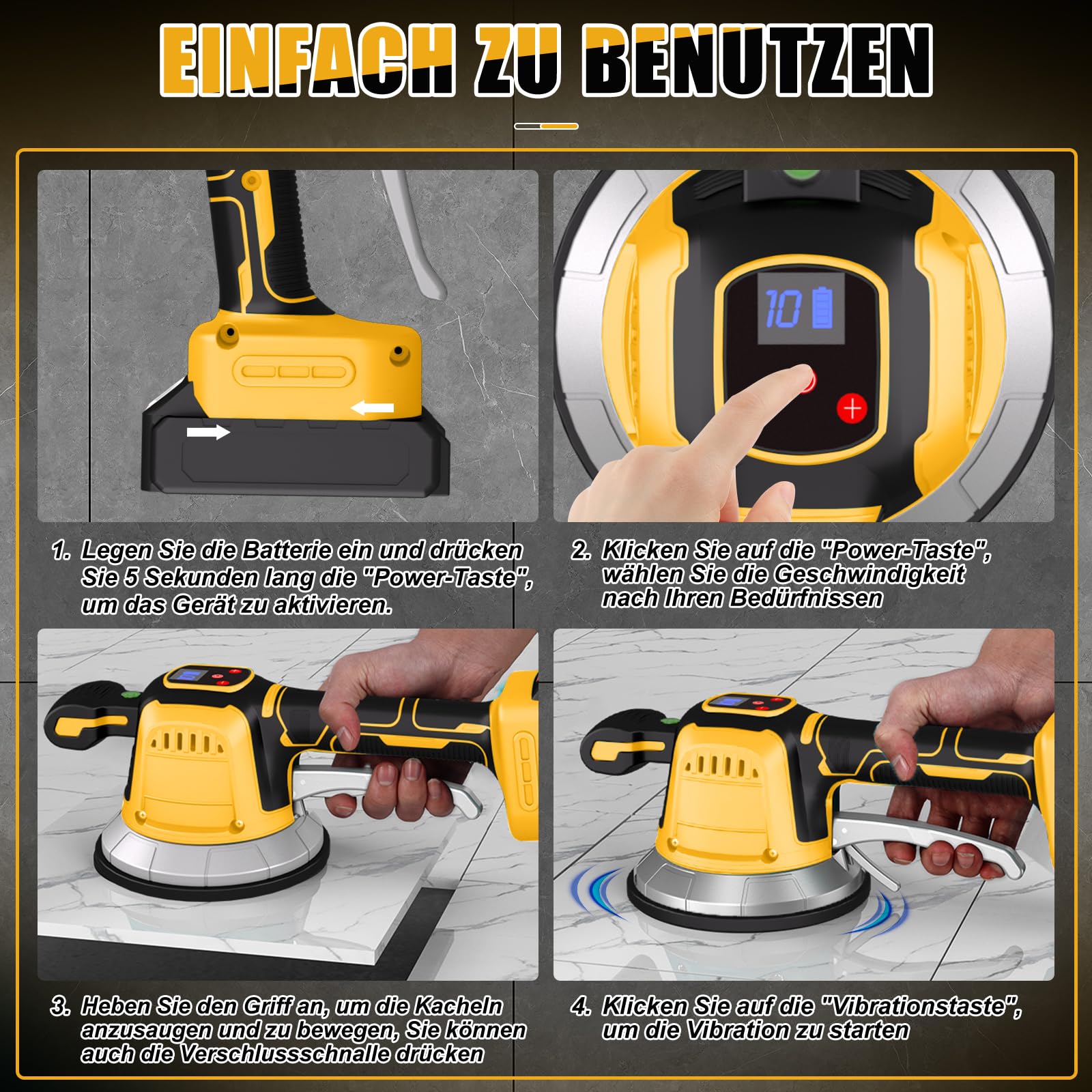 Machine à carreler compatible avec Dewalt 20V, Vibrateur électrique pour carrelage Avec ventouse de 15cm 10 vitesses réglables Capacité d'absorption de 60kg Machine pour les carreaux de 120 x 120cm