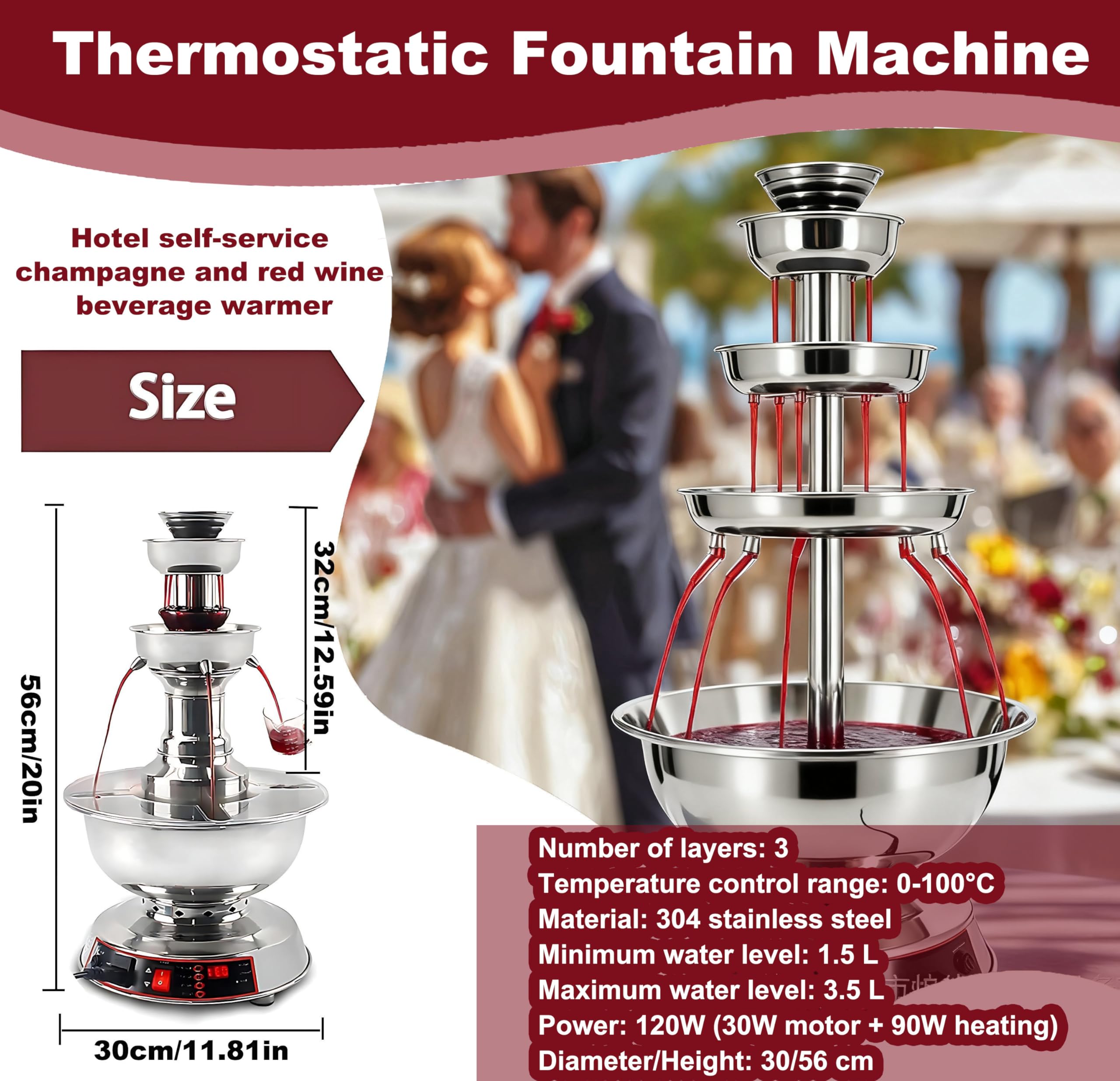 Professioneller 3-Stufiger Party-Rotweinspender - Elektrischer Getränkebrunnen mit Temperaturkontrolle (0-100°C), 3.5L - Für Hochzeit, Geburtstag & Gartenparty