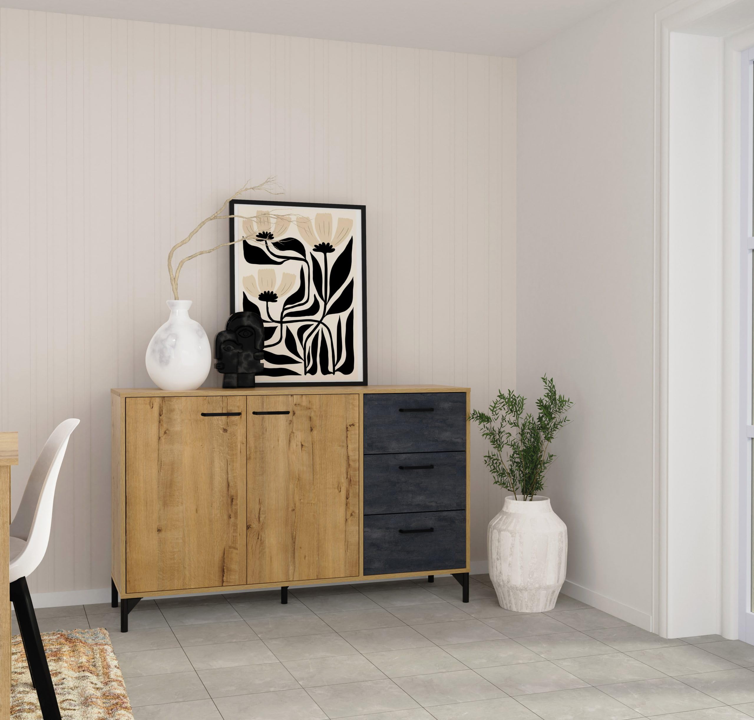 Aparador Salón Comedor, Buffet, Mueble Auxiliar, 2 puertas y 3 Cajones, Roble Gold combinado con imitacón mármol negro, 85x135x40cm, Despensa, Cocina, Despacho, Moderno, Industrial, modelo Nantes