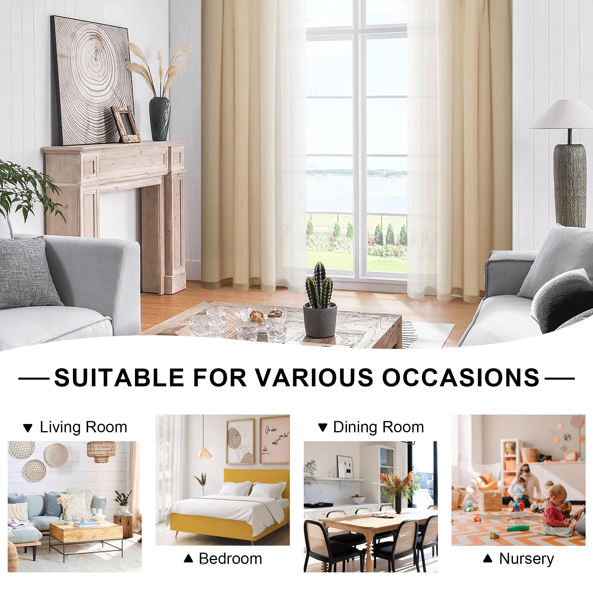DWCN Cortinas de Voile Degradadas con Cinta Fruncida, Taupe con Hilos Transparentes con Sistema de Riel Aireado Largo para Habitación Infantil, Dormitorio y Salón, Otoño 140 x 260 cm, Lote de 2